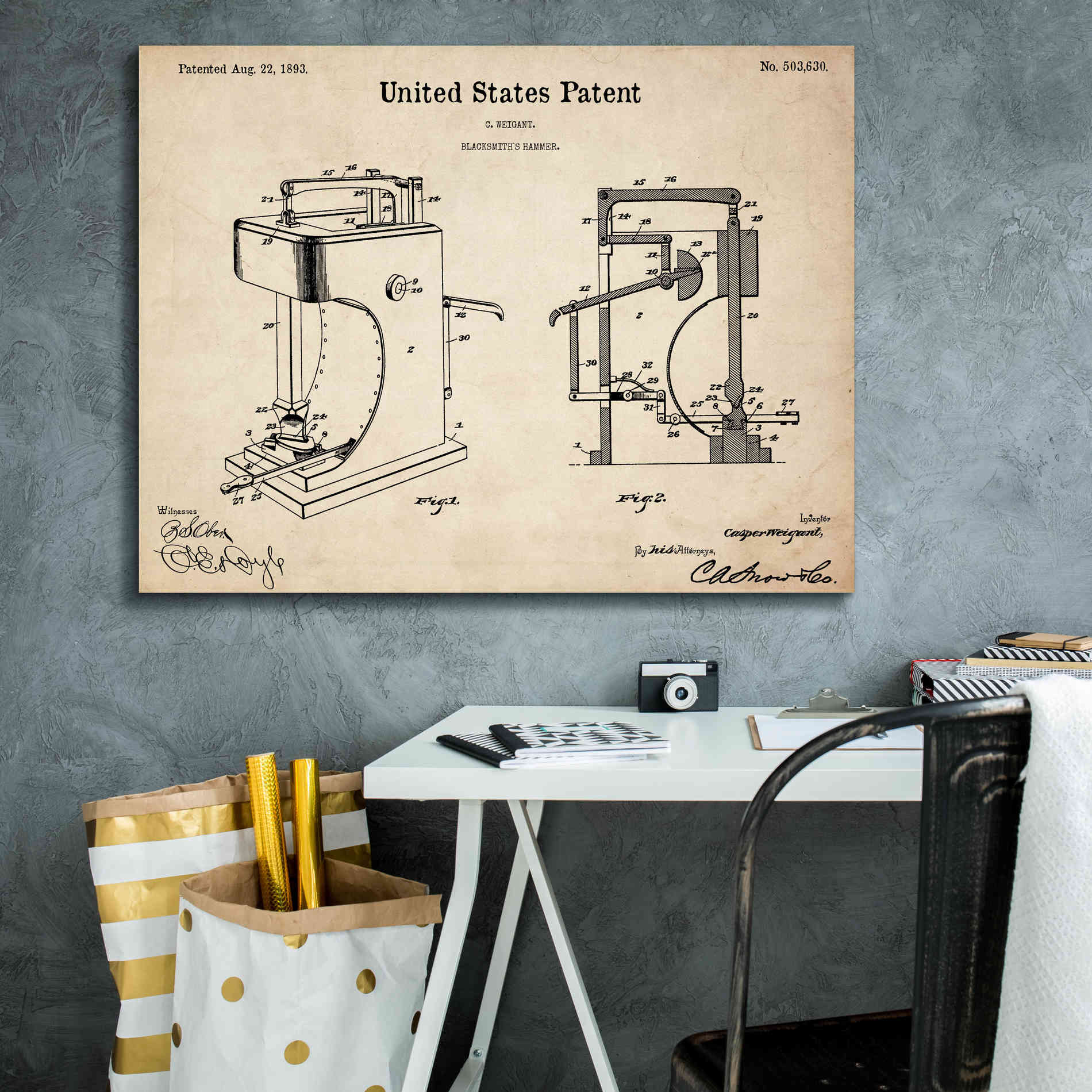'Blacksmith's Hammer Blueprint Patent Parchment,' Canvas Wall Art,34 x 26