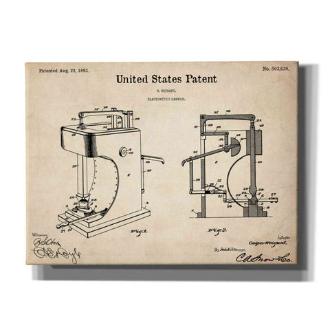 Image of 'Blacksmith's Hammer Blueprint Patent Parchment,' Canvas Wall Art,12x16x1.1x0,18x26x1.1x0,26x34x1.74x0,40x54x1.74x0