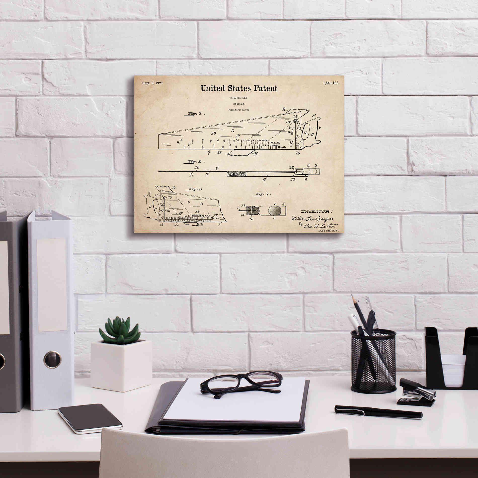 'Handsaw Blueprint Patent Parchment,' Canvas Wall Art,16 x 12