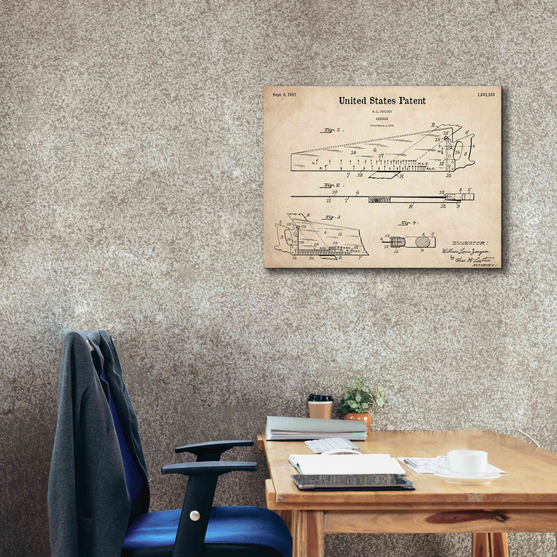 'Handsaw Blueprint Patent Parchment,' Canvas Wall Art,34 x 26