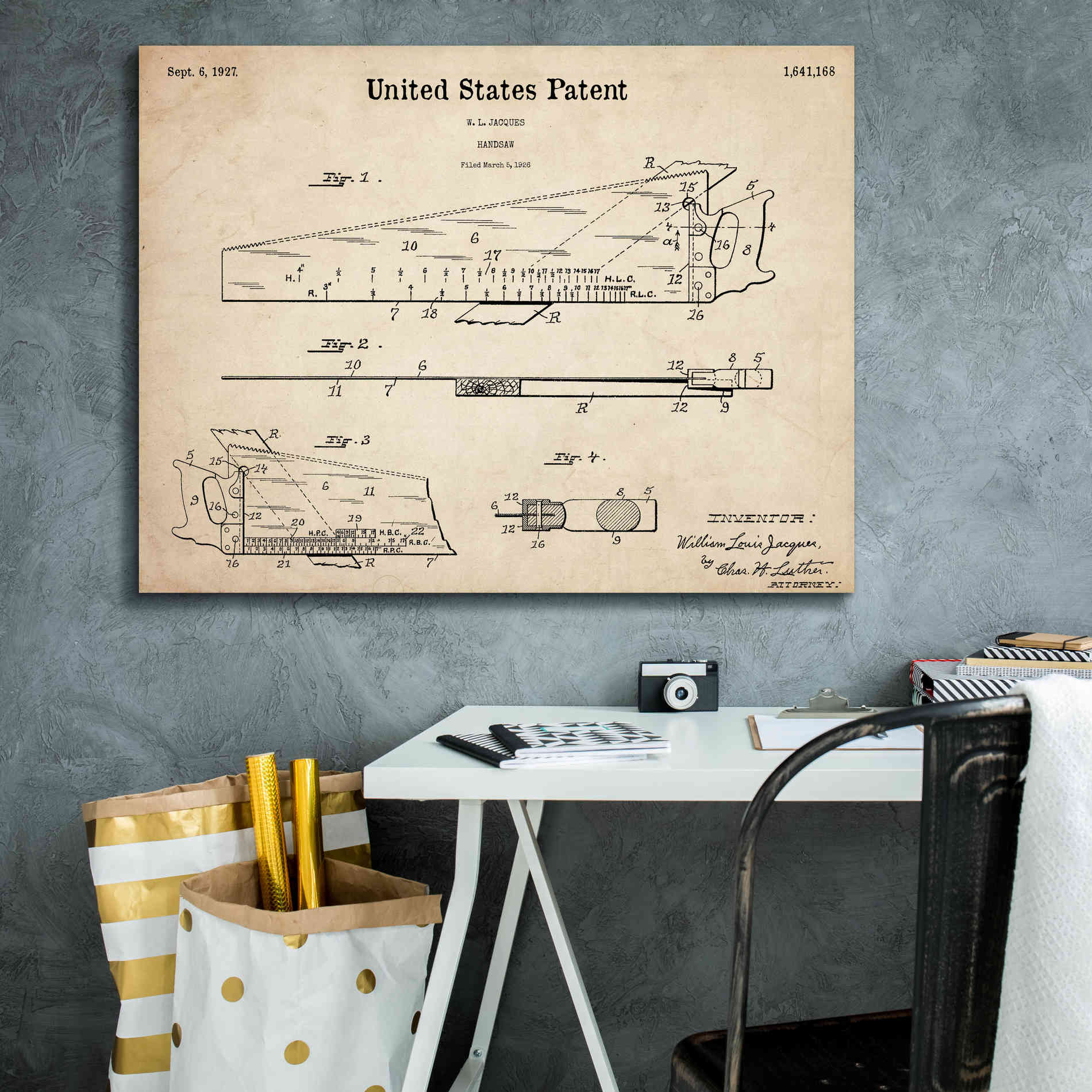 'Handsaw Blueprint Patent Parchment,' Canvas Wall Art,34 x 26