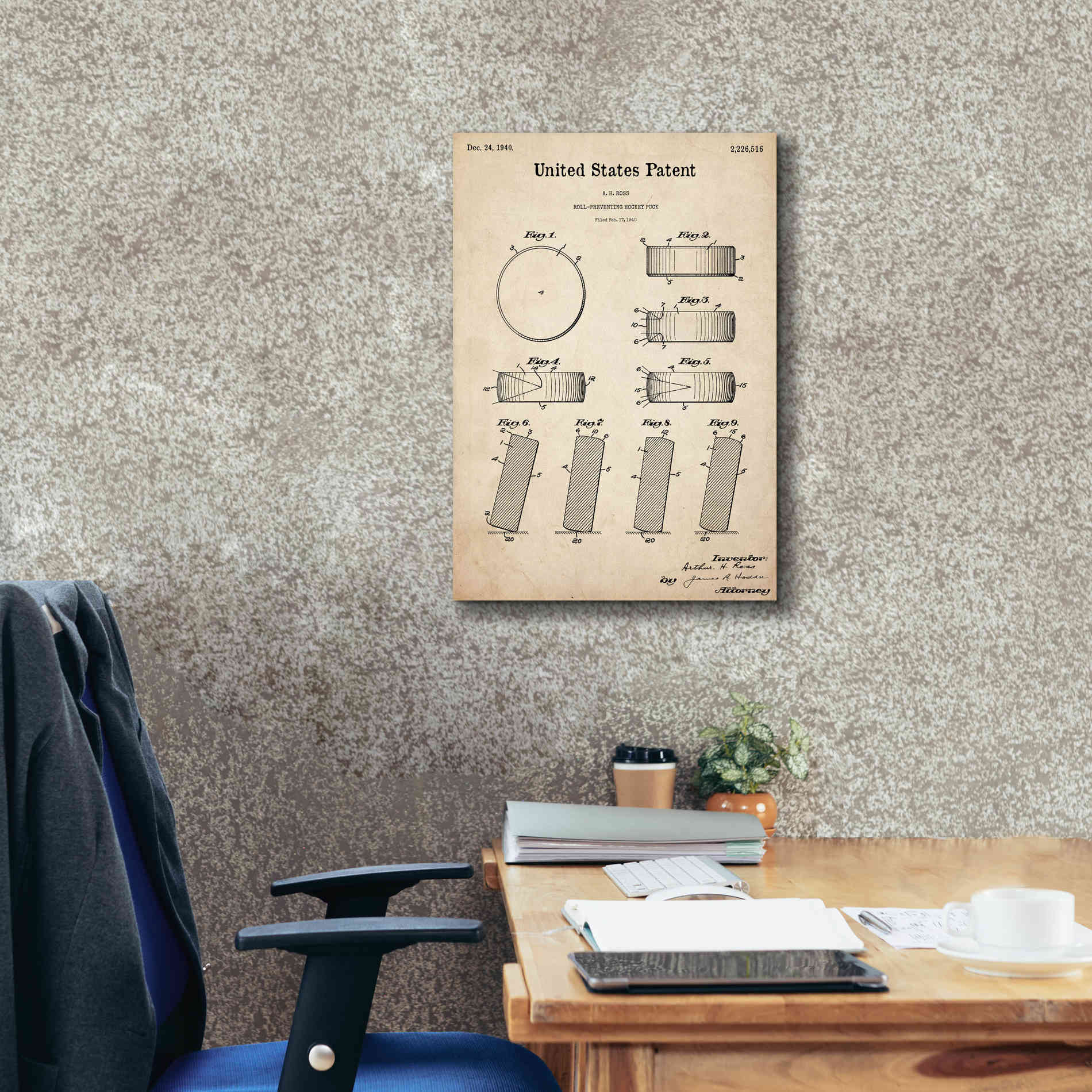 'Hockey Puck Blueprint Patent Parchment,' Canvas Wall Art,18 x 26