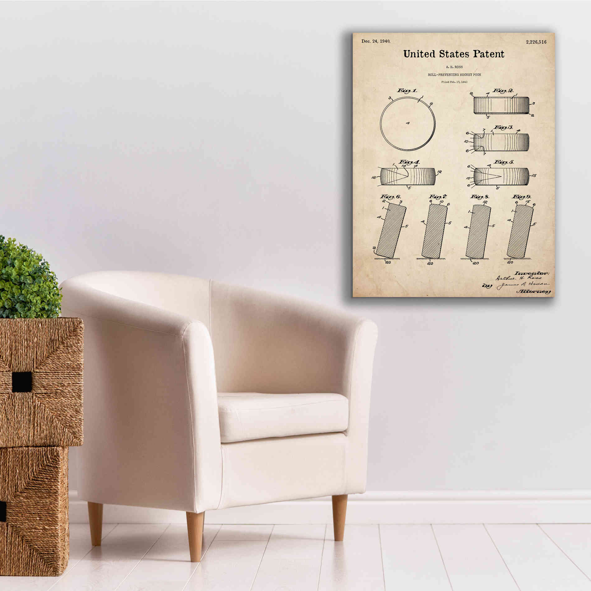'Hockey Puck Blueprint Patent Parchment,' Canvas Wall Art,26 x 34