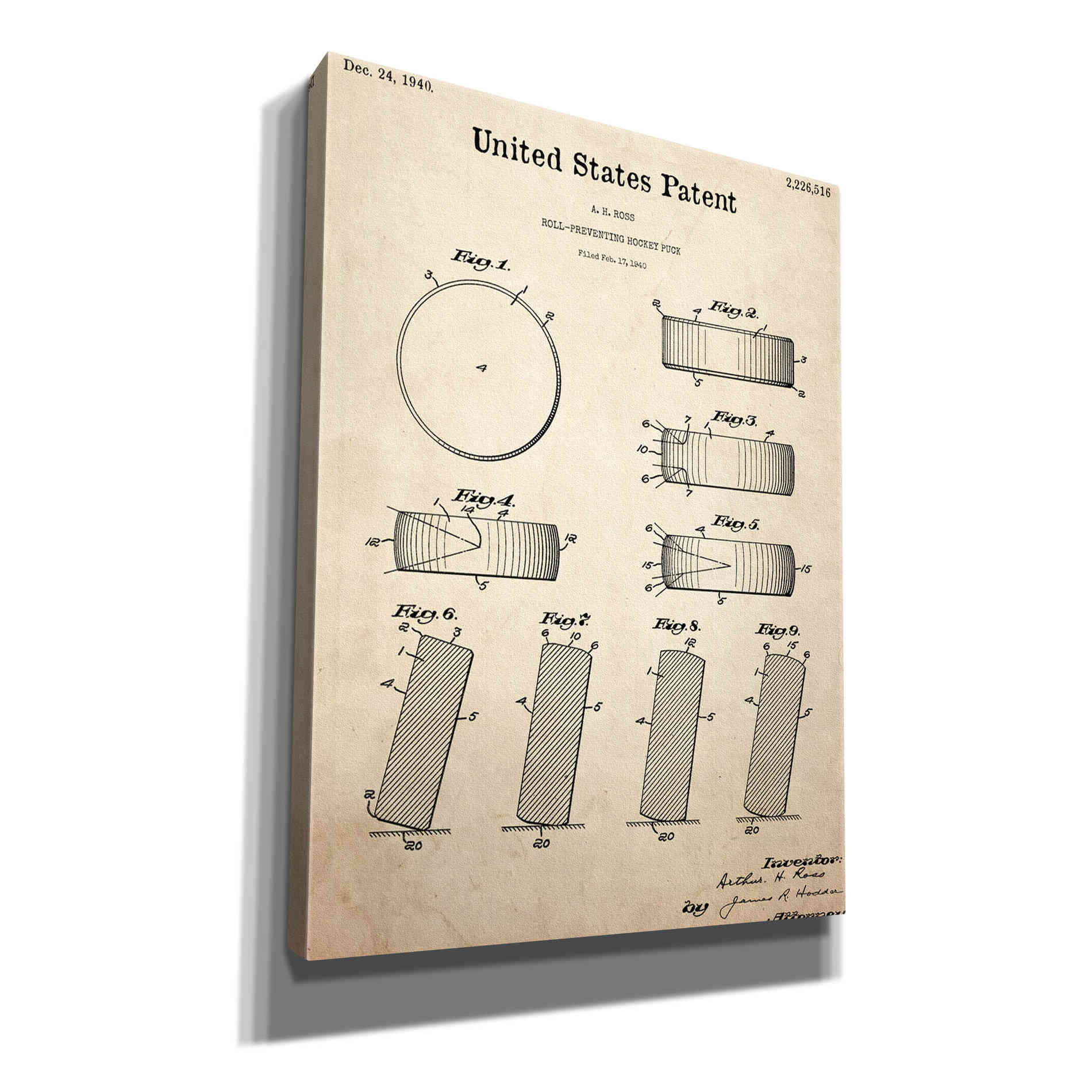 'Hockey Puck Blueprint Patent Parchment,' Canvas Wall Art,12x16x1.1x0,18x26x1.1x0,26x34x1.74x0,40x54x1.74x0