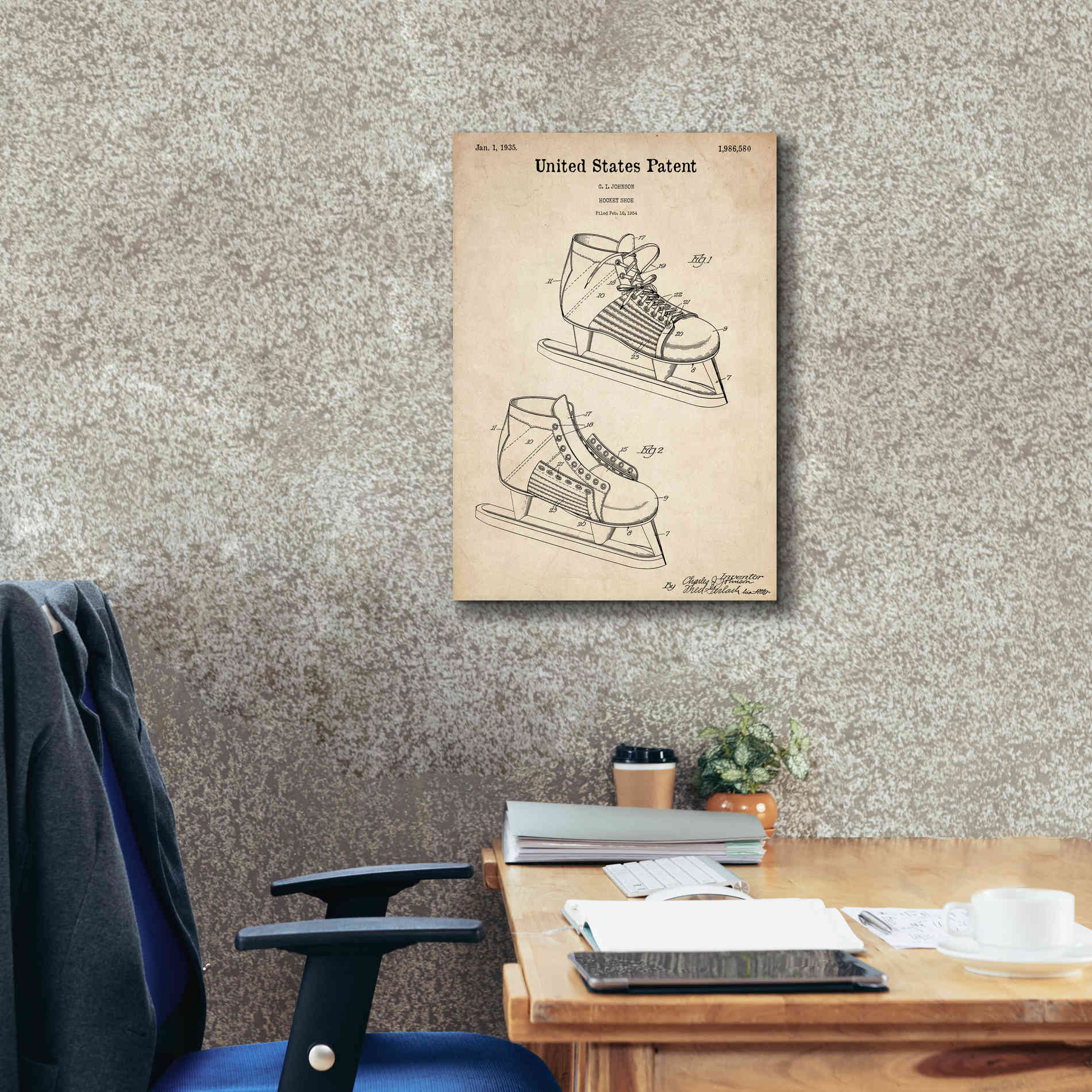 'Hockey Shoe, 1935 Blueprint Patent Parchment,' Canvas Wall Art,18 x 26