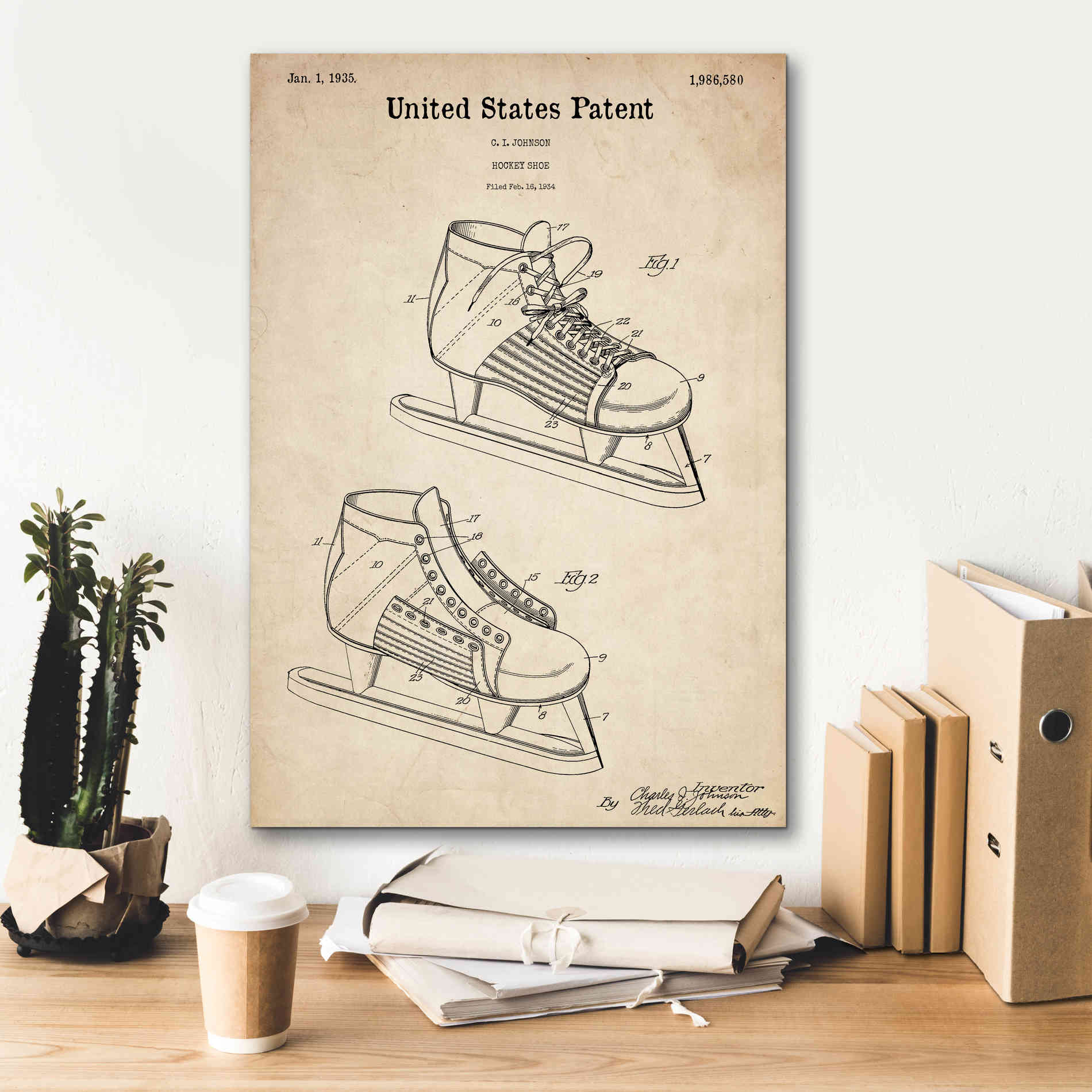 'Hockey Shoe, 1935 Blueprint Patent Parchment,' Canvas Wall Art,18 x 26