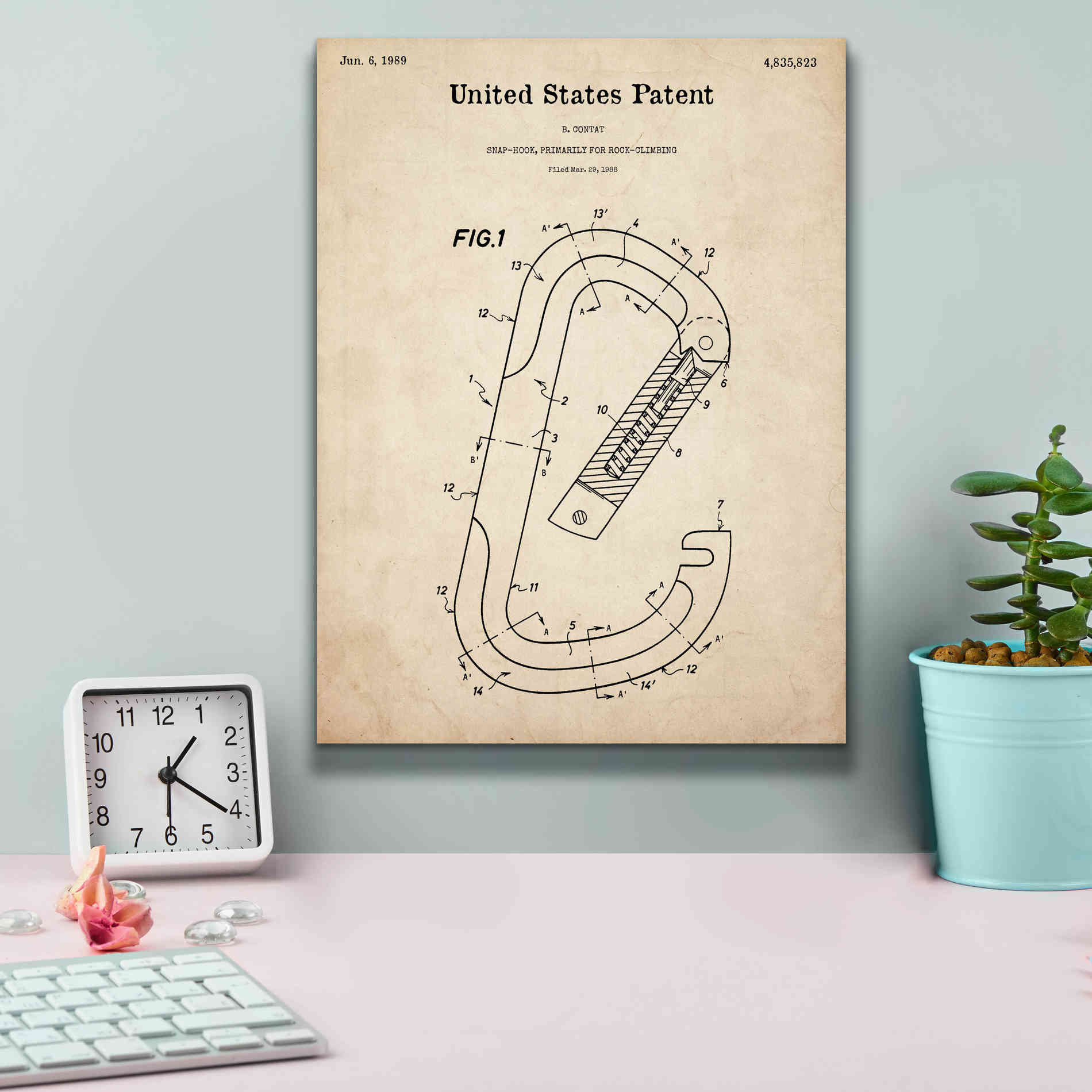 'Climbing Hook Blueprint Patent Parchment,' Canvas Wall Art,12 x 16