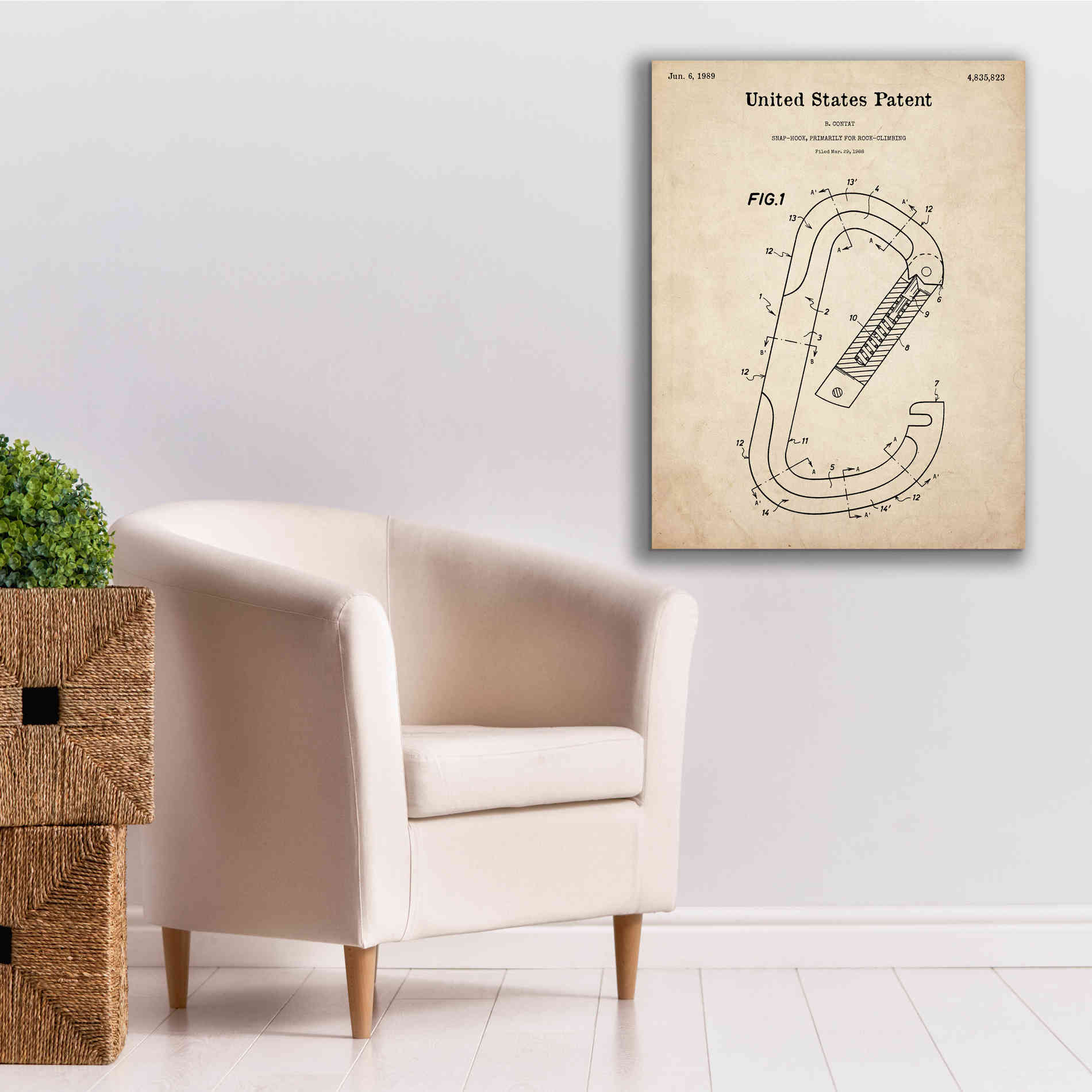 'Climbing Hook Blueprint Patent Parchment,' Canvas Wall Art,26 x 34