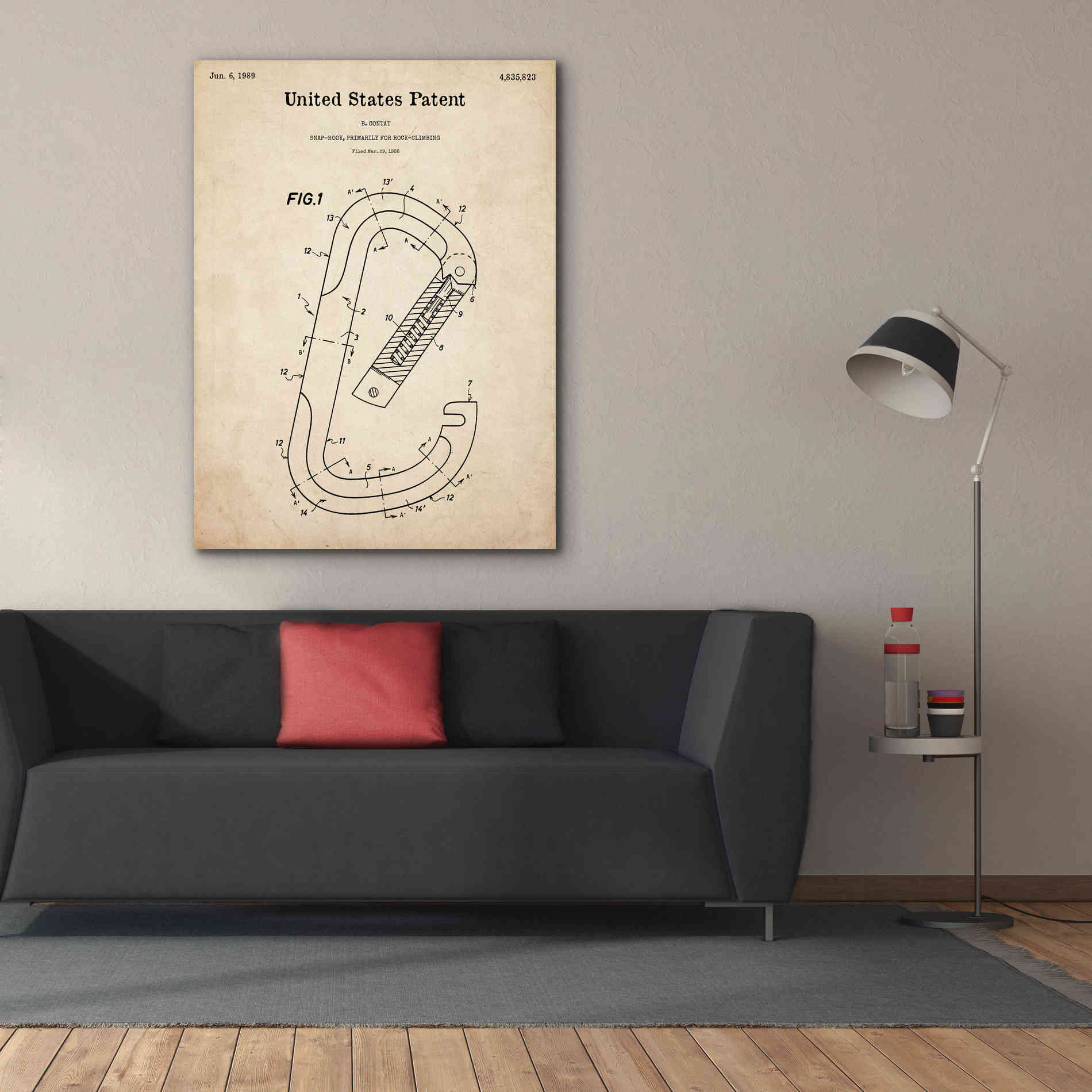 'Climbing Hook Blueprint Patent Parchment,' Canvas Wall Art,40 x 54