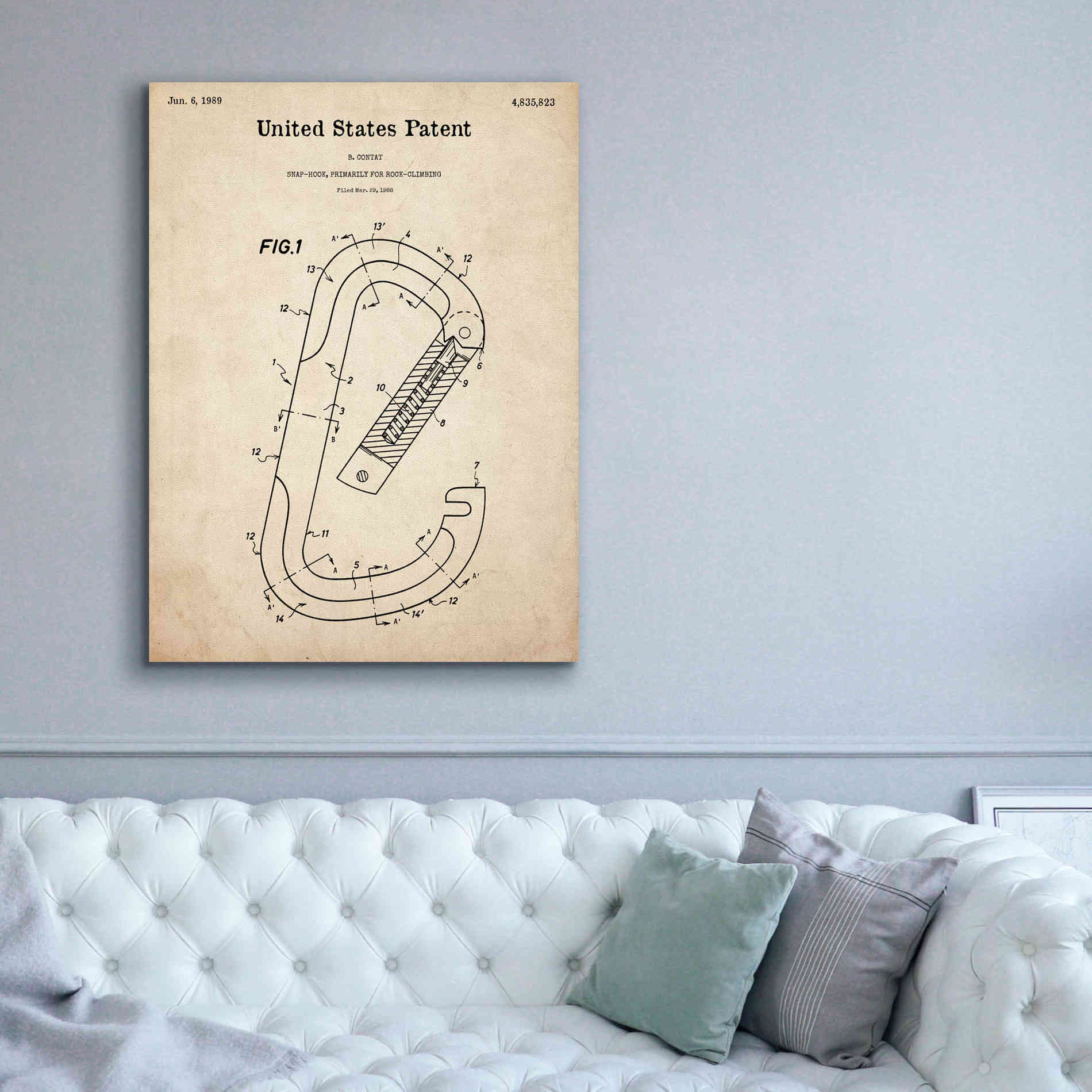 'Climbing Hook Blueprint Patent Parchment,' Canvas Wall Art,40 x 54