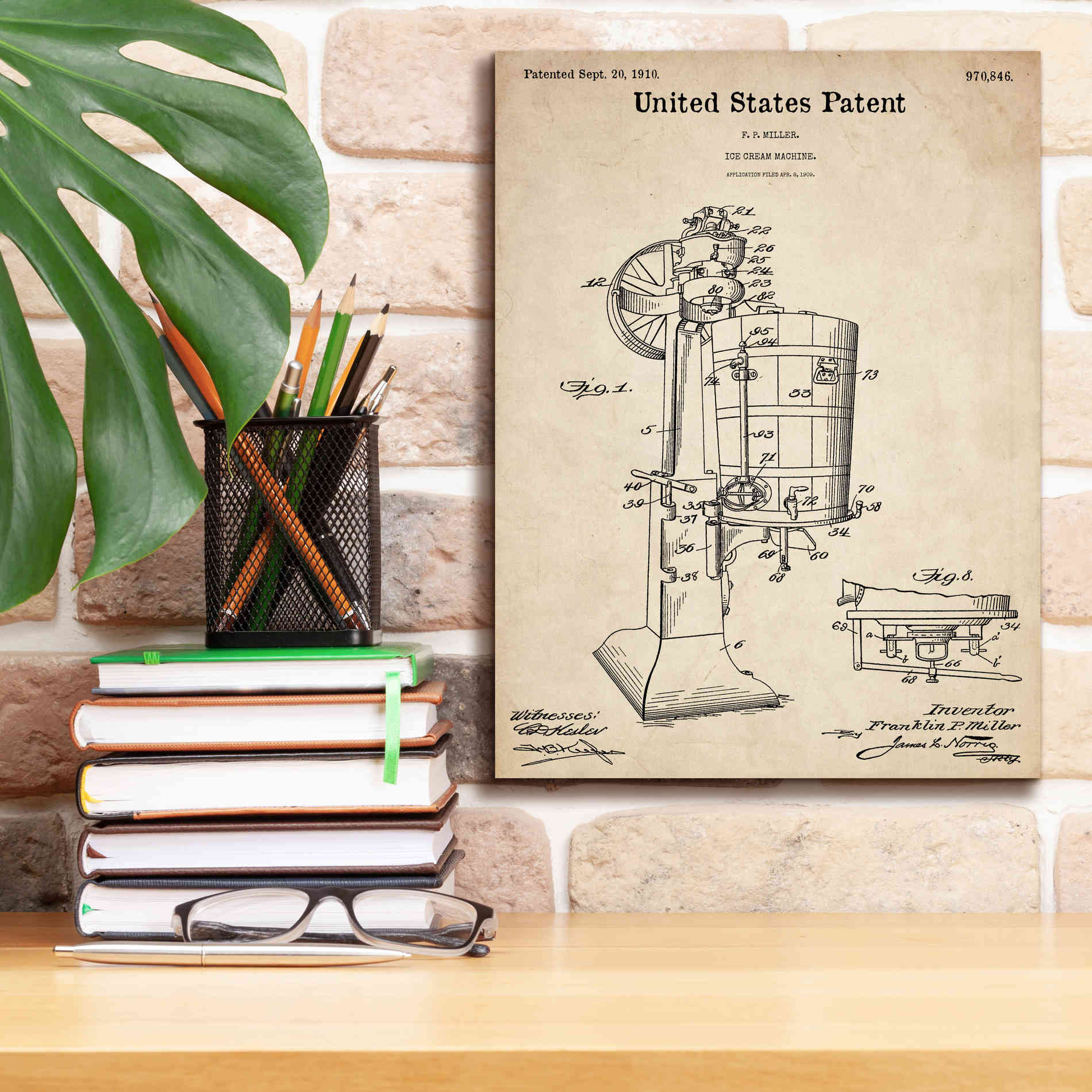 'Ice Cream Machine Blueprint Patent Parchment,' Canvas Wall Art,12 x 16