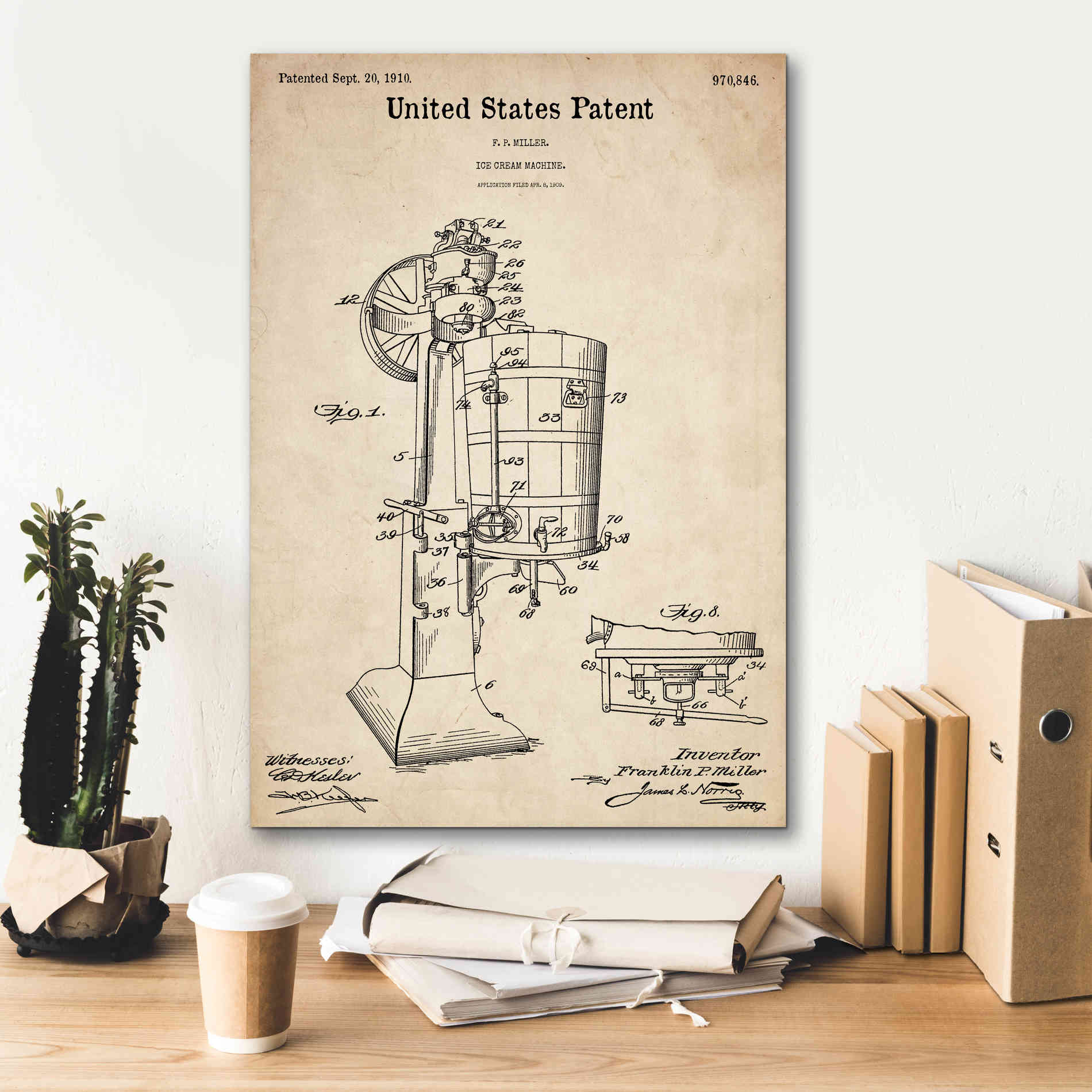 'Ice Cream Machine Blueprint Patent Parchment,' Canvas Wall Art,18 x 26
