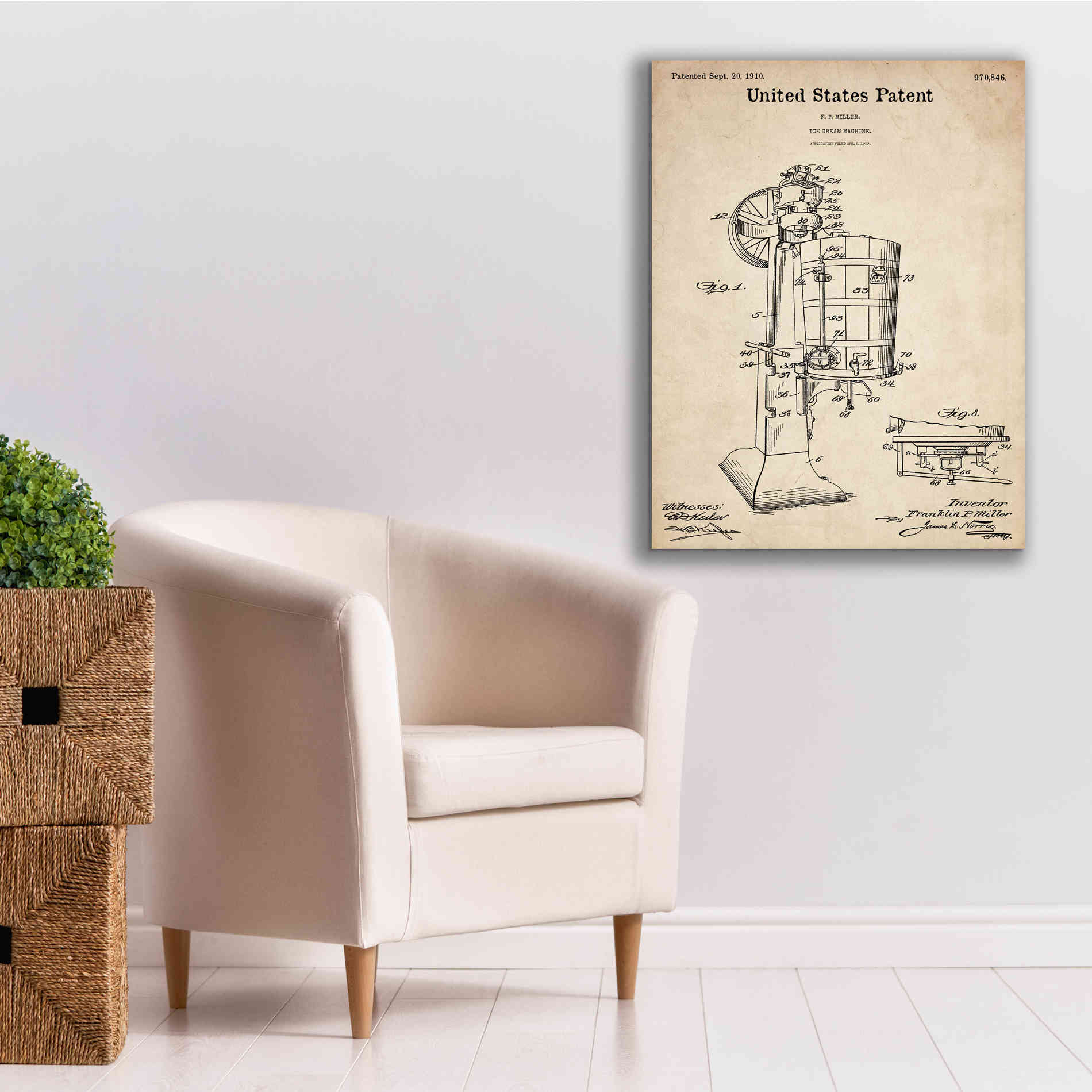 'Ice Cream Machine Blueprint Patent Parchment,' Canvas Wall Art,26 x 34