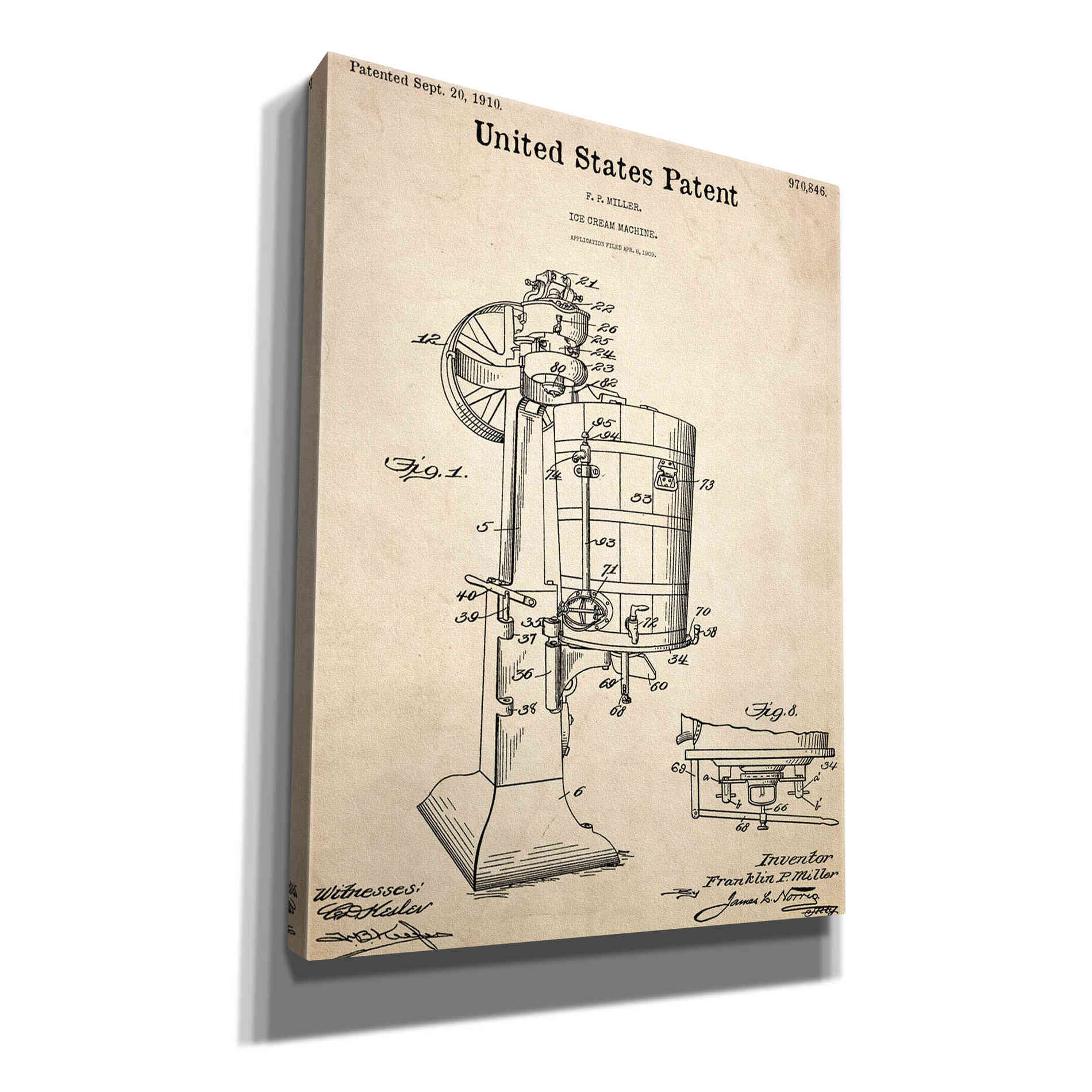 'Ice Cream Machine Blueprint Patent Parchment,' Canvas Wall Art,12x16x1.1x0,18x26x1.1x0,26x34x1.74x0,40x54x1.74x0