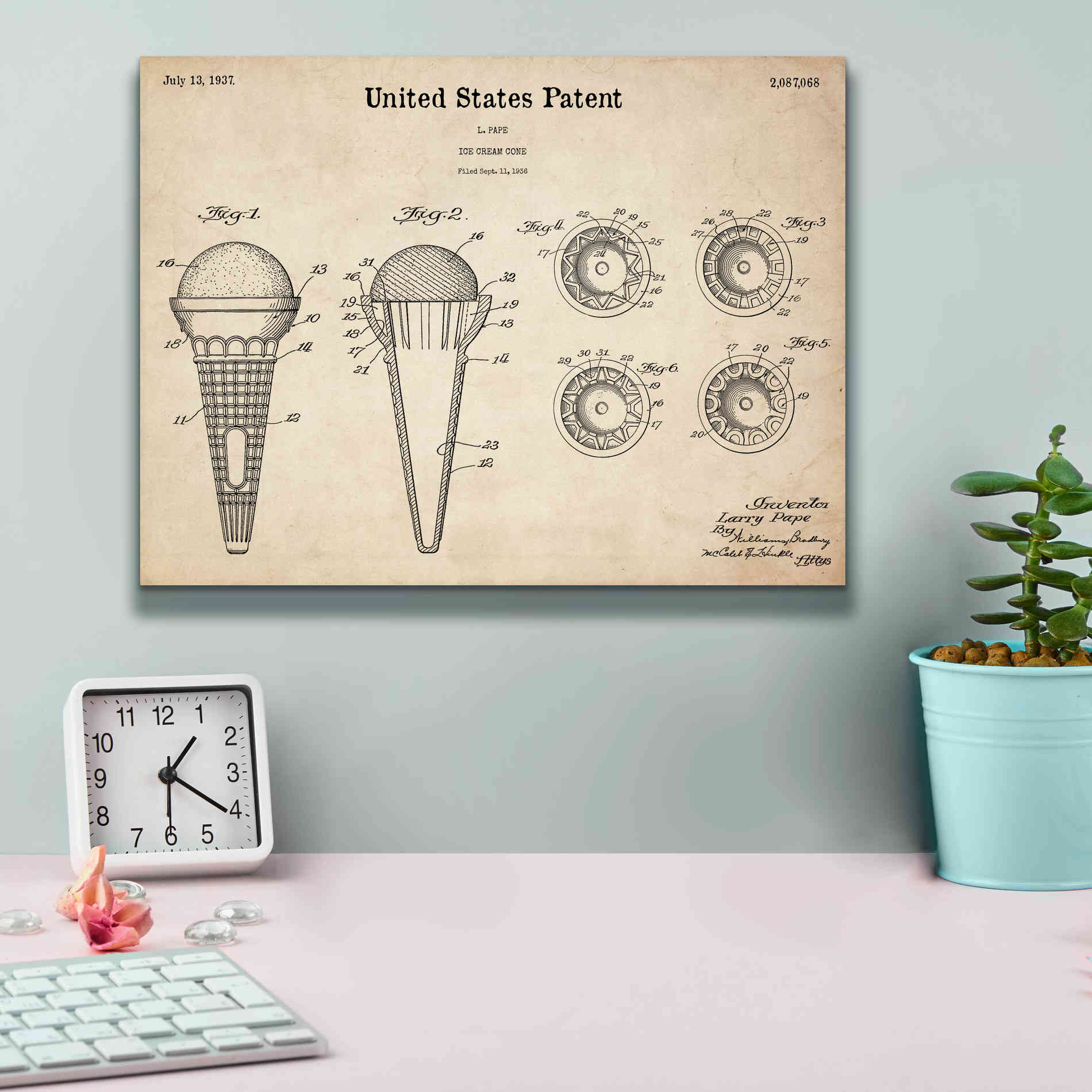 'Ice Cream Cone Blueprint Patent Parchment,' Canvas Wall Art,16 x 12