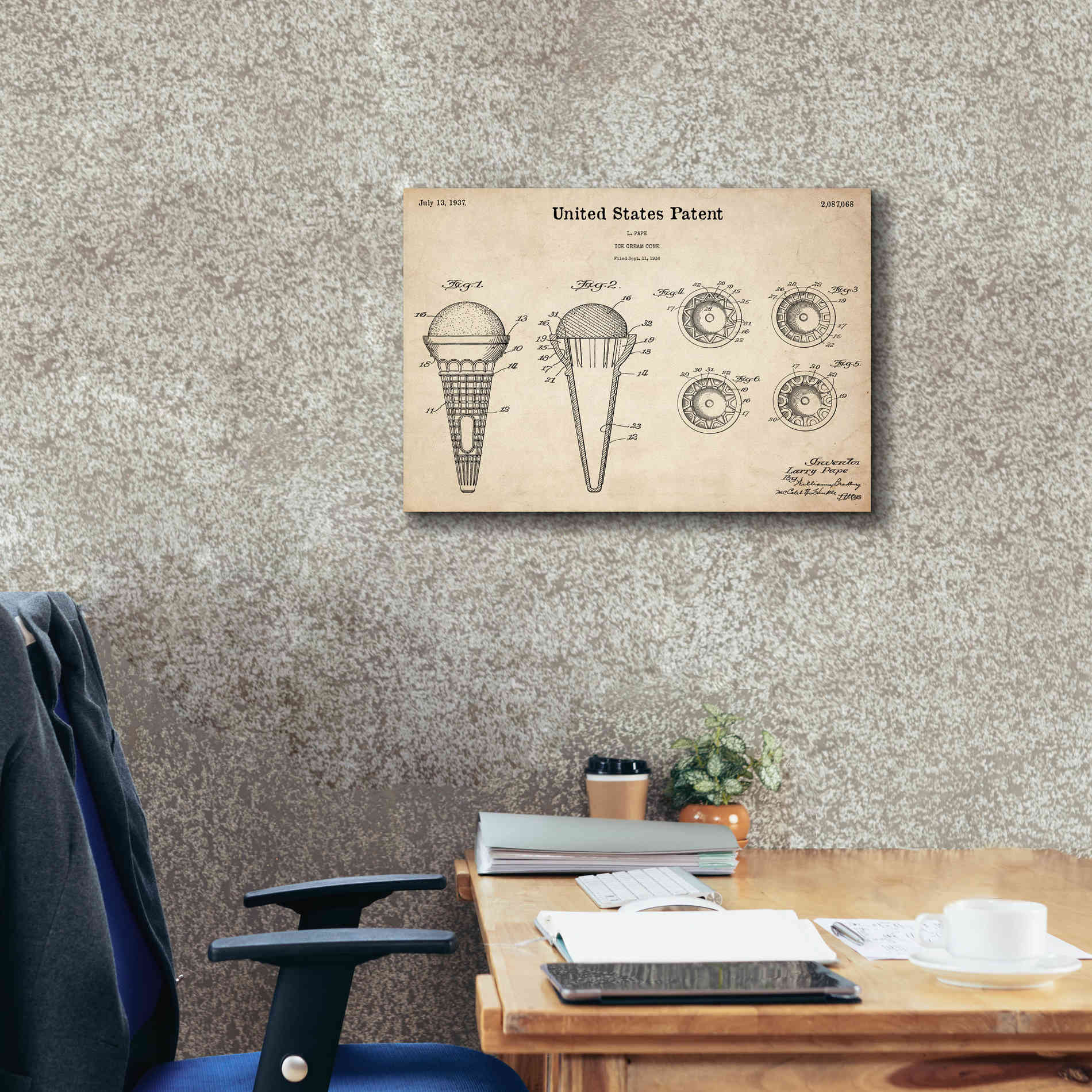 'Ice Cream Cone Blueprint Patent Parchment,' Canvas Wall Art,26 x 18