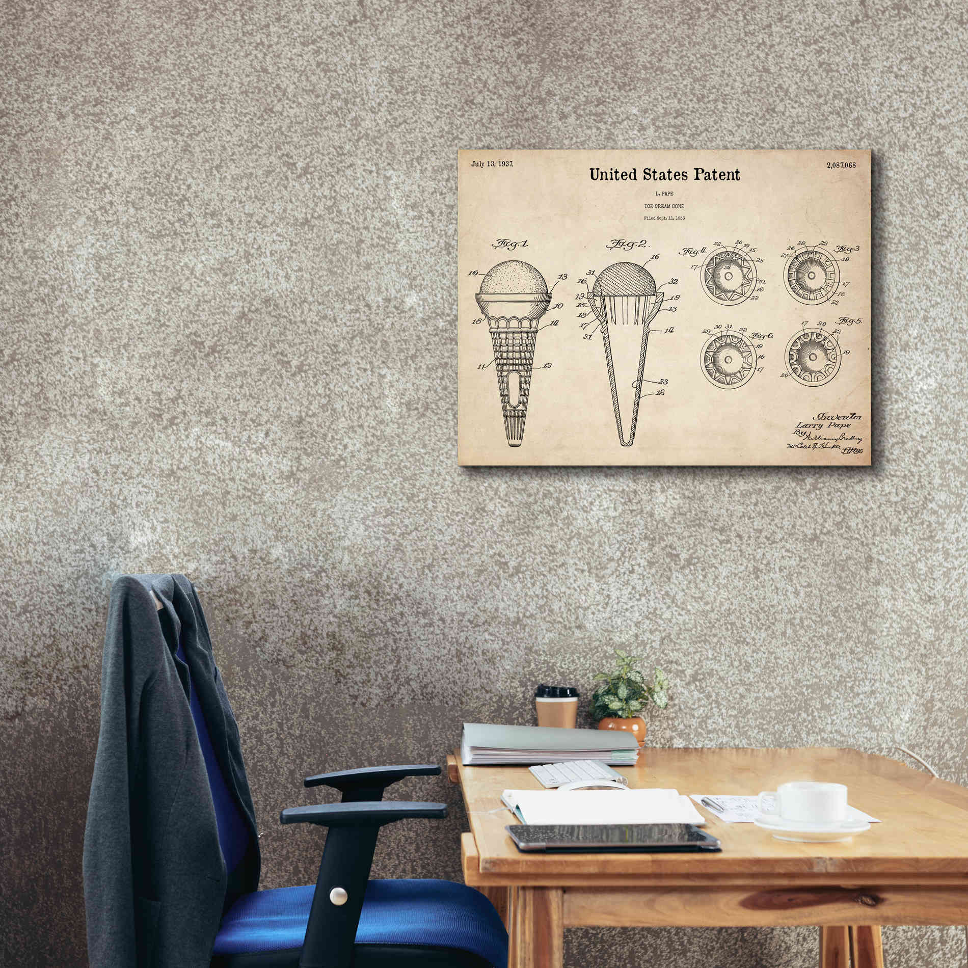 'Ice Cream Cone Blueprint Patent Parchment,' Canvas Wall Art,34 x 26