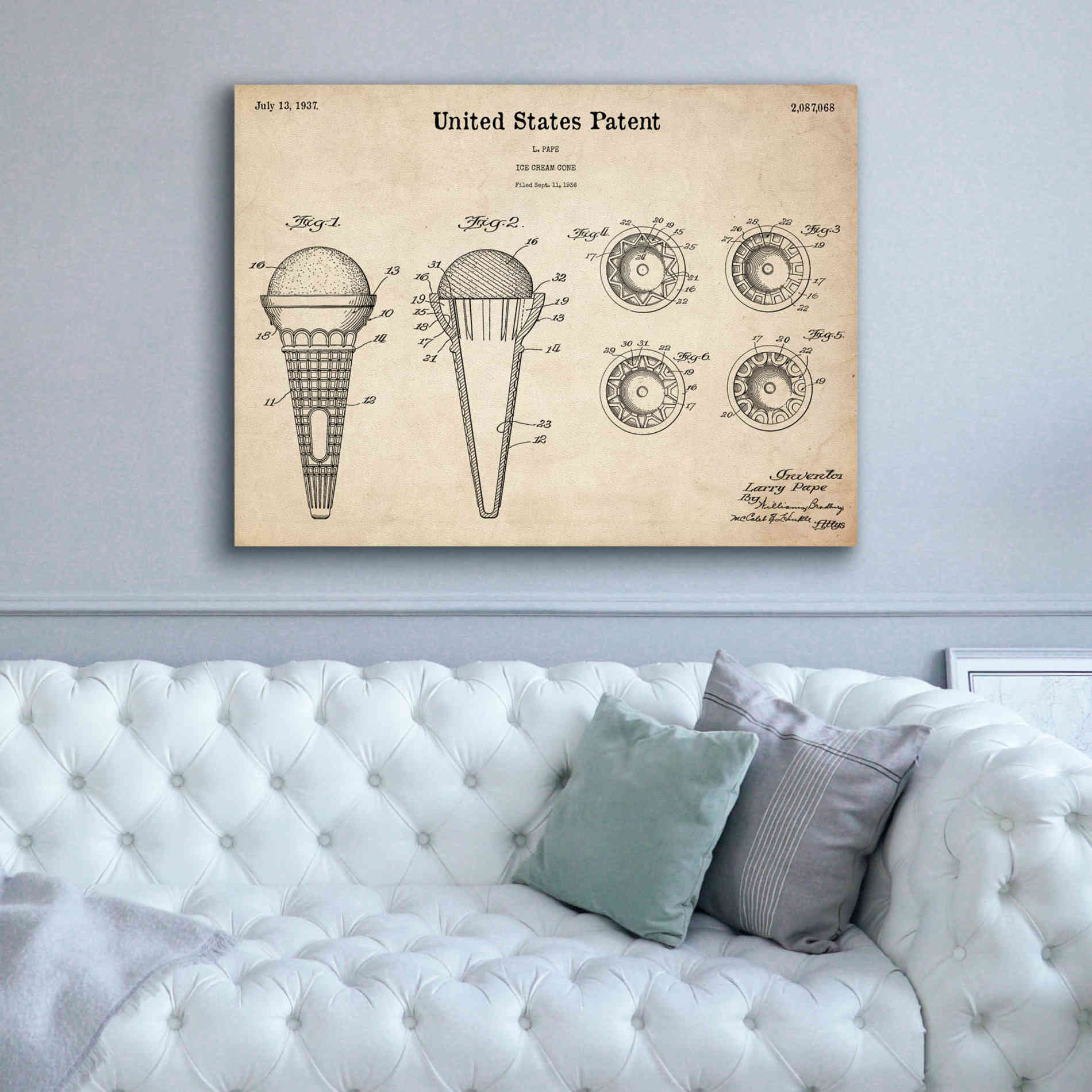 'Ice Cream Cone Blueprint Patent Parchment,' Canvas Wall Art,54 x 40
