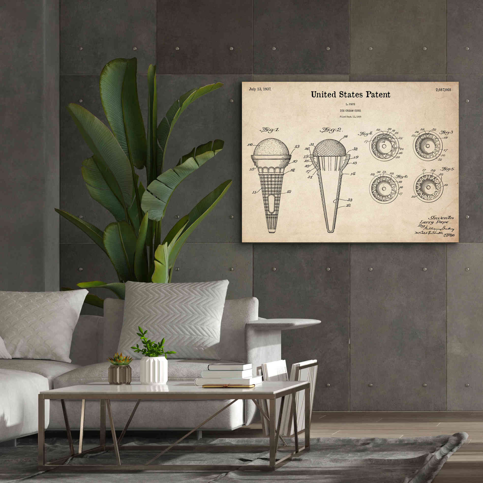'Ice Cream Cone Blueprint Patent Parchment,' Canvas Wall Art,54 x 40