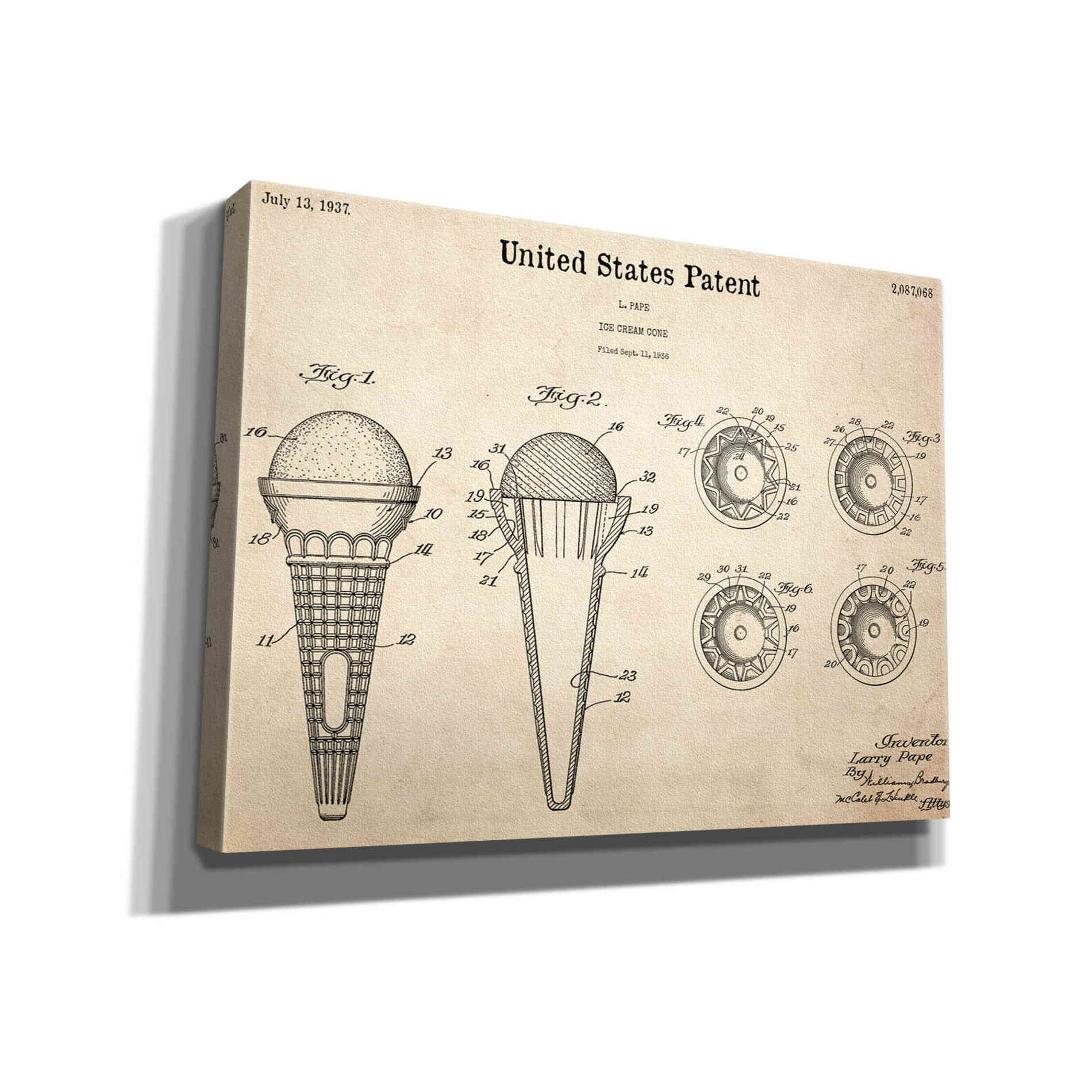 'Ice Cream Cone Blueprint Patent Parchment,' Canvas Wall Art,16x12x1.1x0,26x18x1.1x0,34x26x1.74x0,54x40x1.74x0