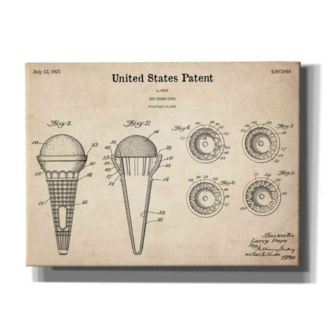 Image of 'Ice Cream Cone Blueprint Patent Parchment,' Canvas Wall Art,16x12x1.1x0,26x18x1.1x0,34x26x1.74x0,54x40x1.74x0