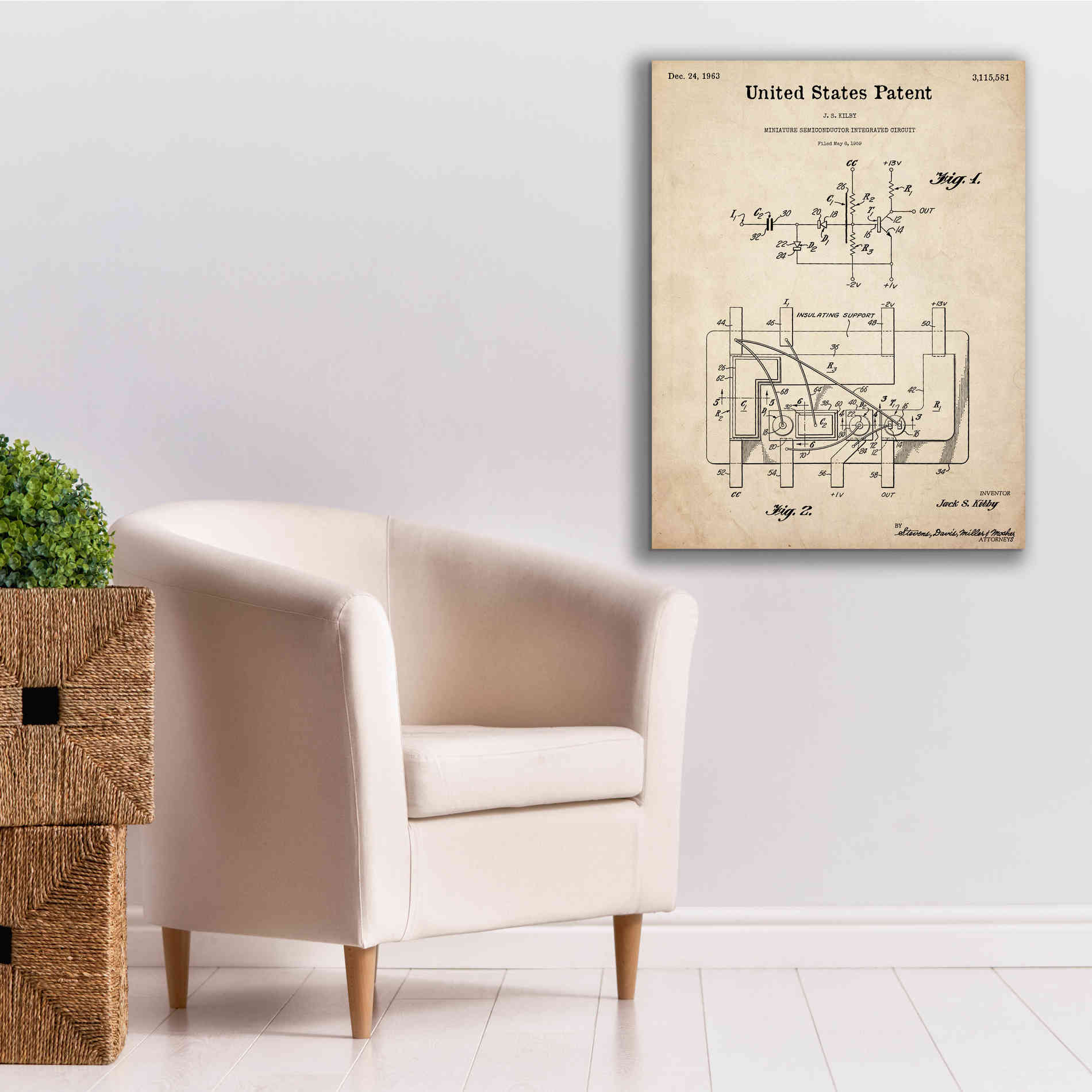 'Integrated Circuit Blueprint Patent Parchment,' Canvas Wall Art,26 x 34