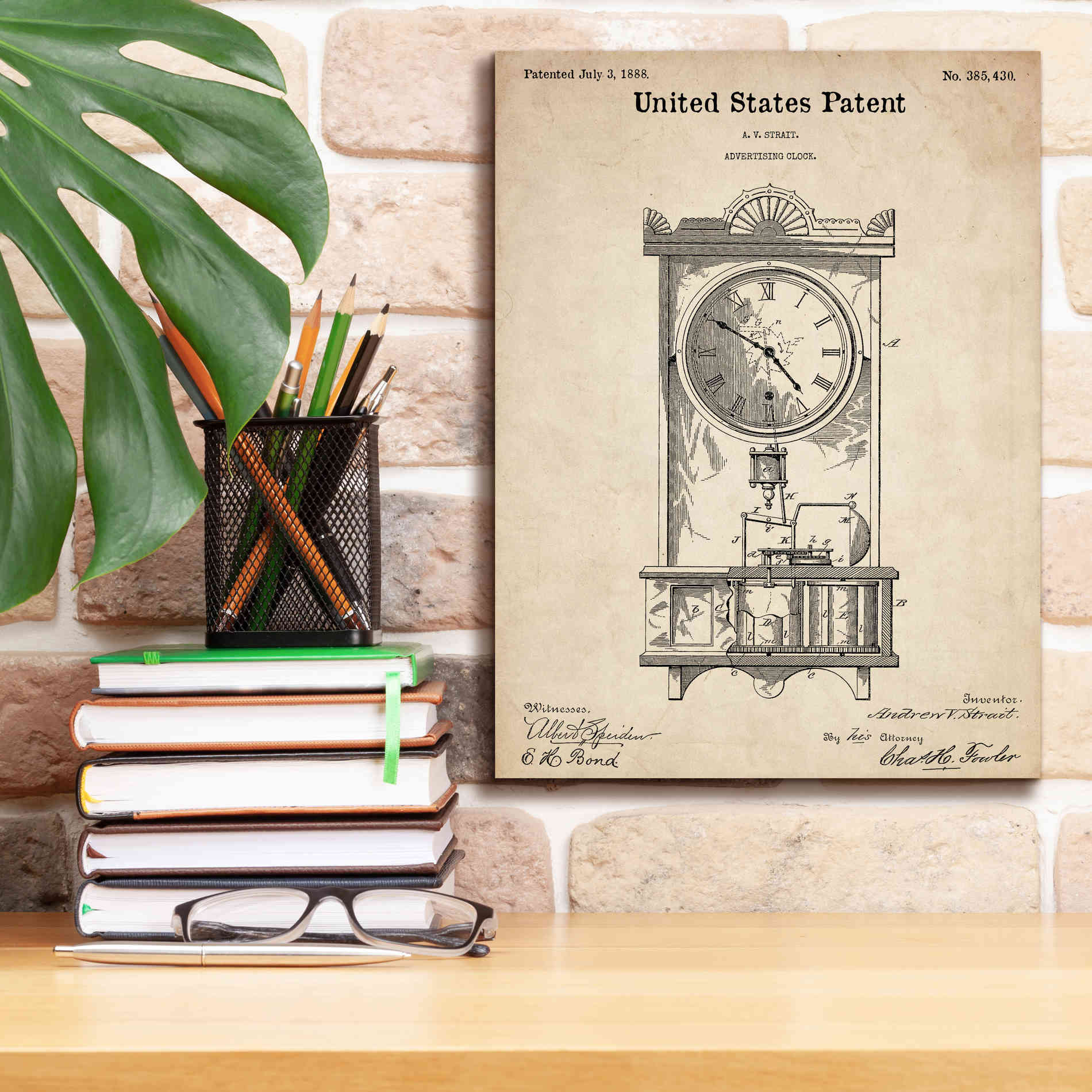 'Mantel Clock Blueprint Patent Parchment,' Canvas Wall Art,12 x 16