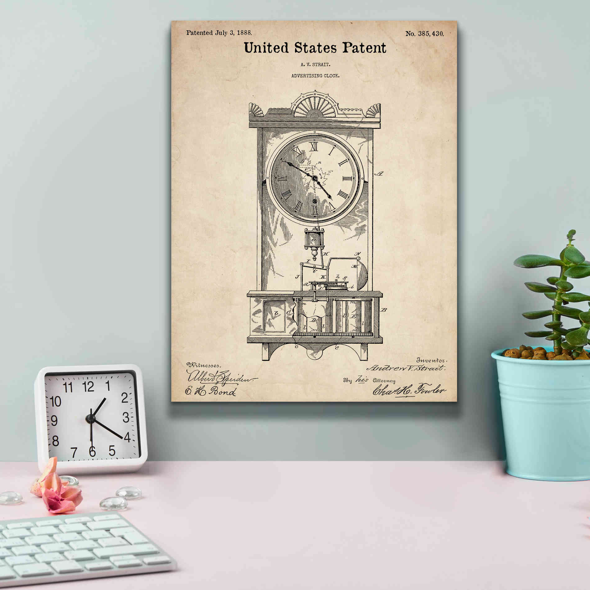 'Mantel Clock Blueprint Patent Parchment,' Canvas Wall Art,12 x 16