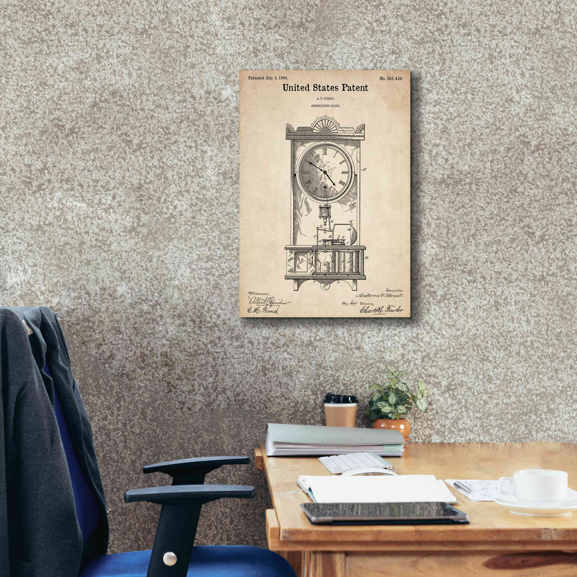 'Mantel Clock Blueprint Patent Parchment,' Canvas Wall Art,18 x 26