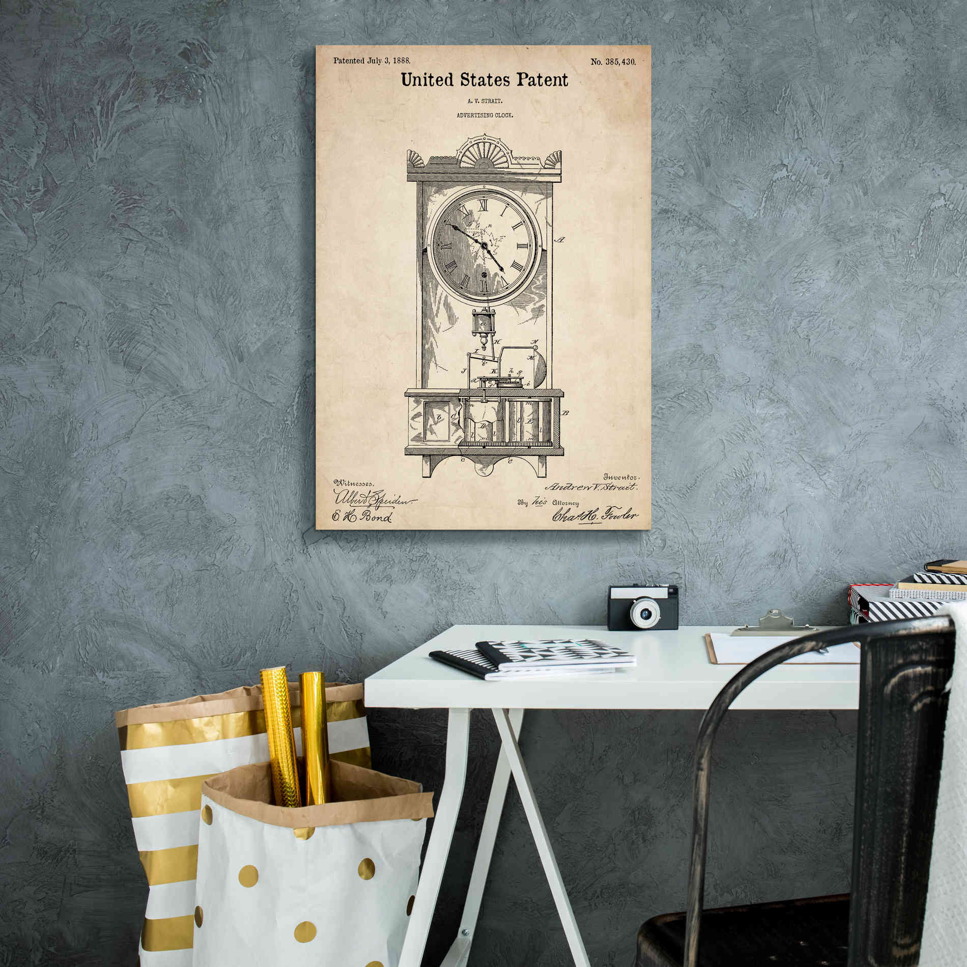 'Mantel Clock Blueprint Patent Parchment,' Canvas Wall Art,18 x 26