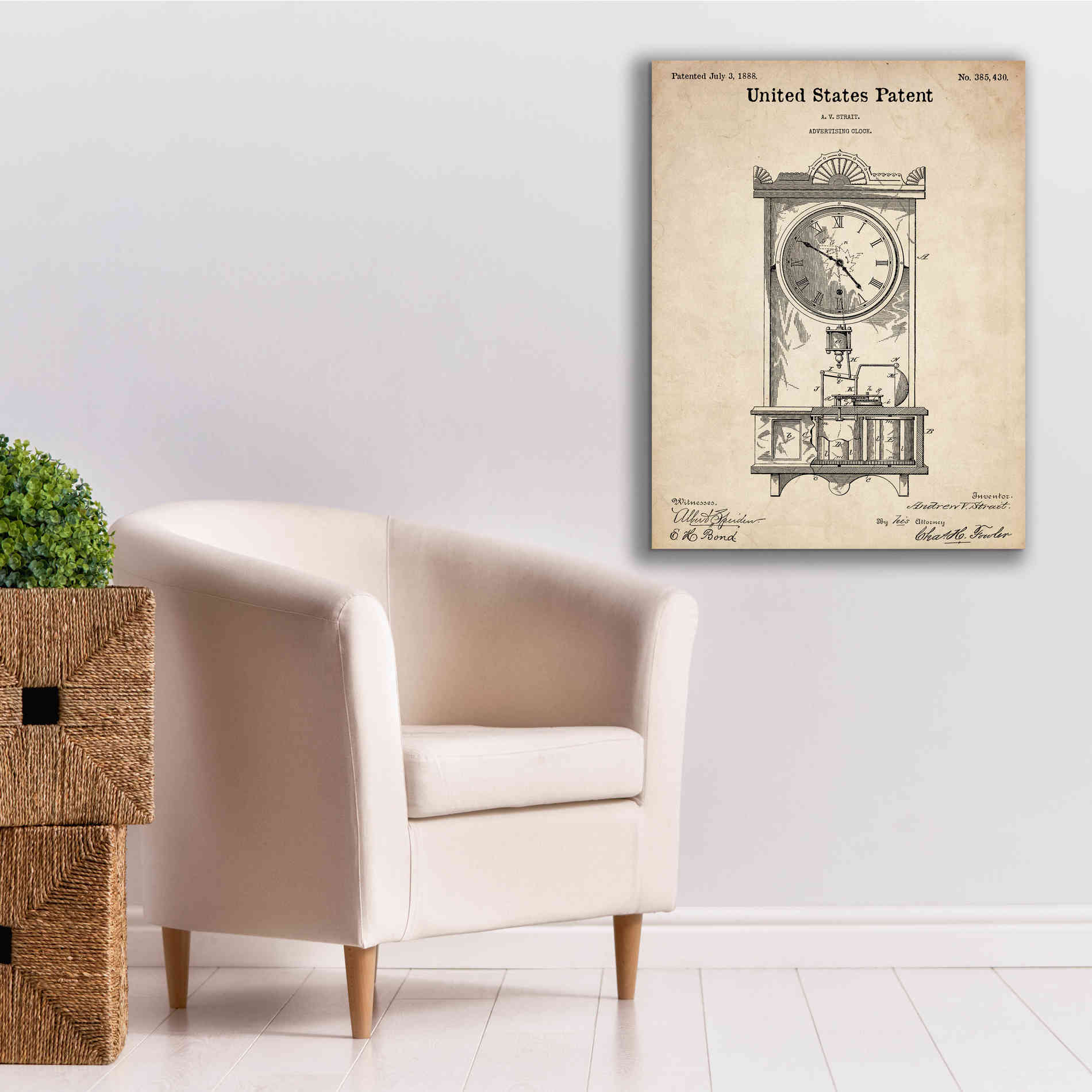 'Mantel Clock Blueprint Patent Parchment,' Canvas Wall Art,26 x 34