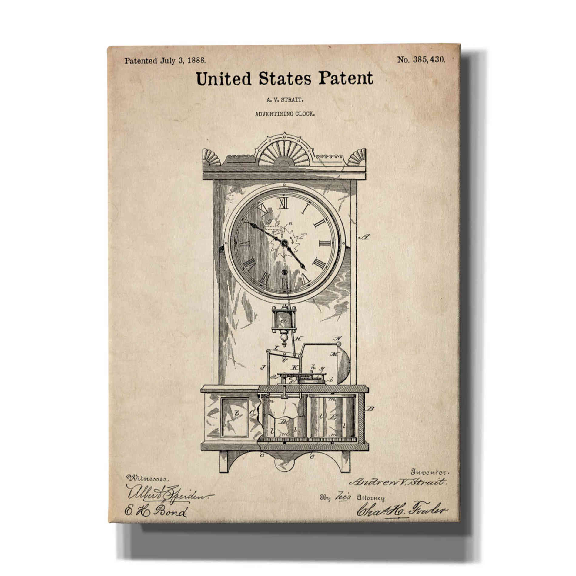 'Mantel Clock Blueprint Patent Parchment,' Canvas Wall Art,12x16x1.1x0,18x26x1.1x0,26x34x1.74x0,40x54x1.74x0