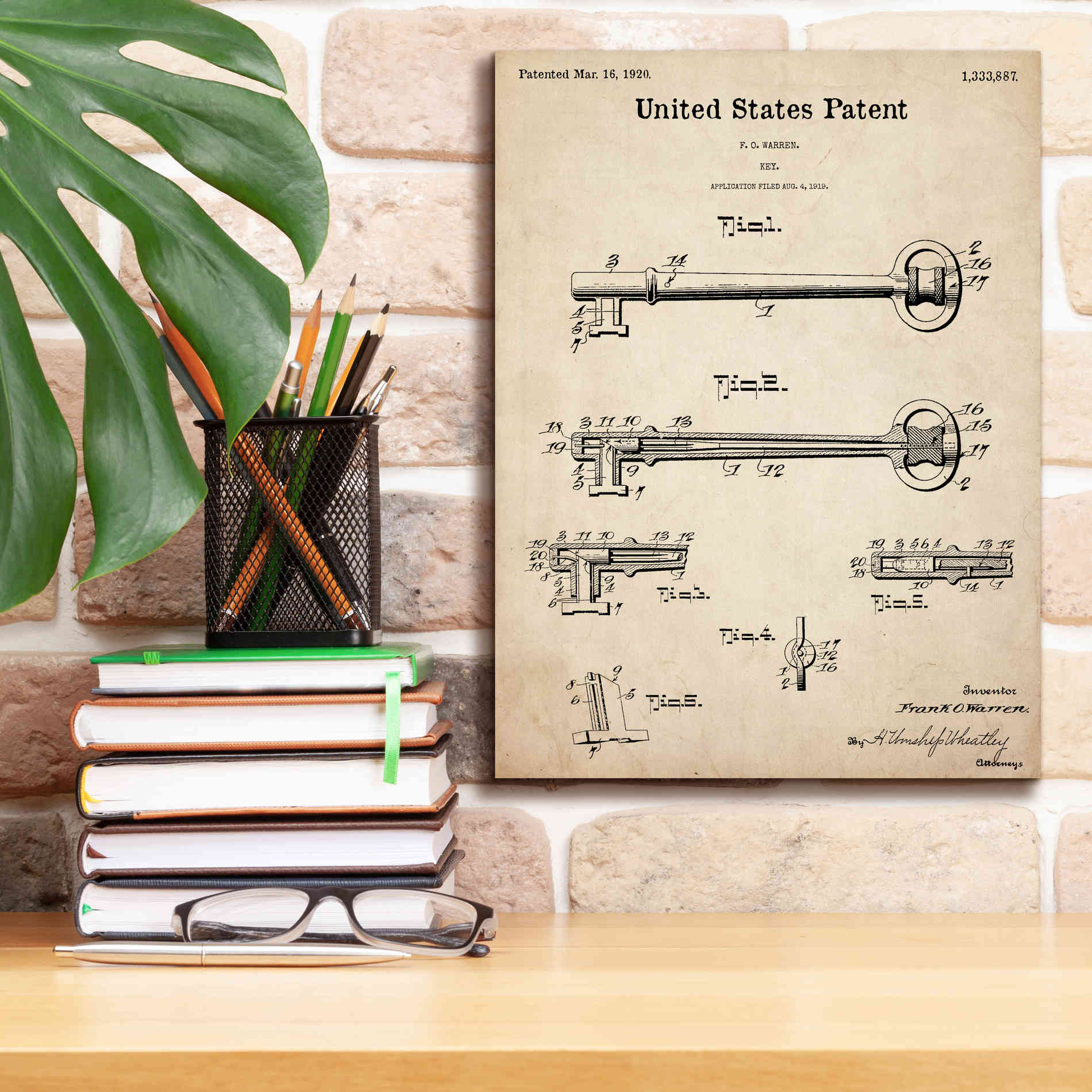 'Vintage Key Blueprint Patent Parchment,' Canvas Wall Art,12 x 16