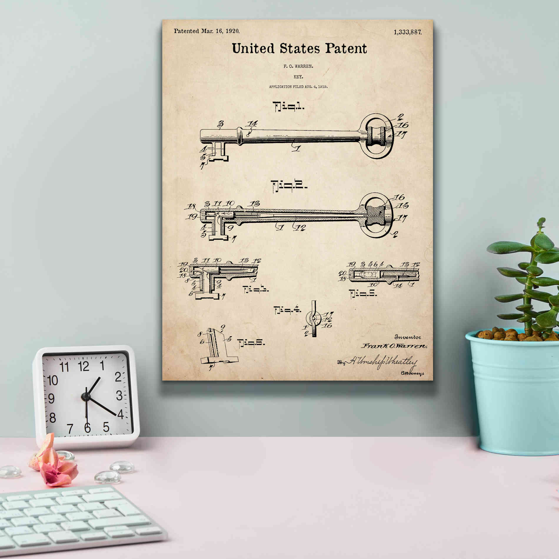 'Vintage Key Blueprint Patent Parchment,' Canvas Wall Art,12 x 16
