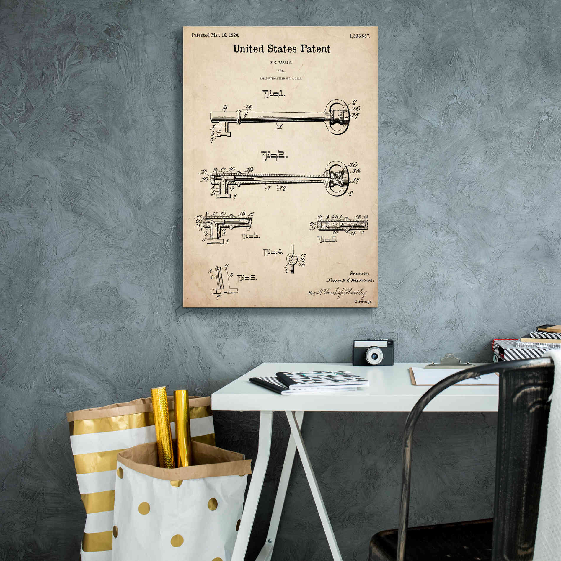 'Vintage Key Blueprint Patent Parchment,' Canvas Wall Art,18 x 26