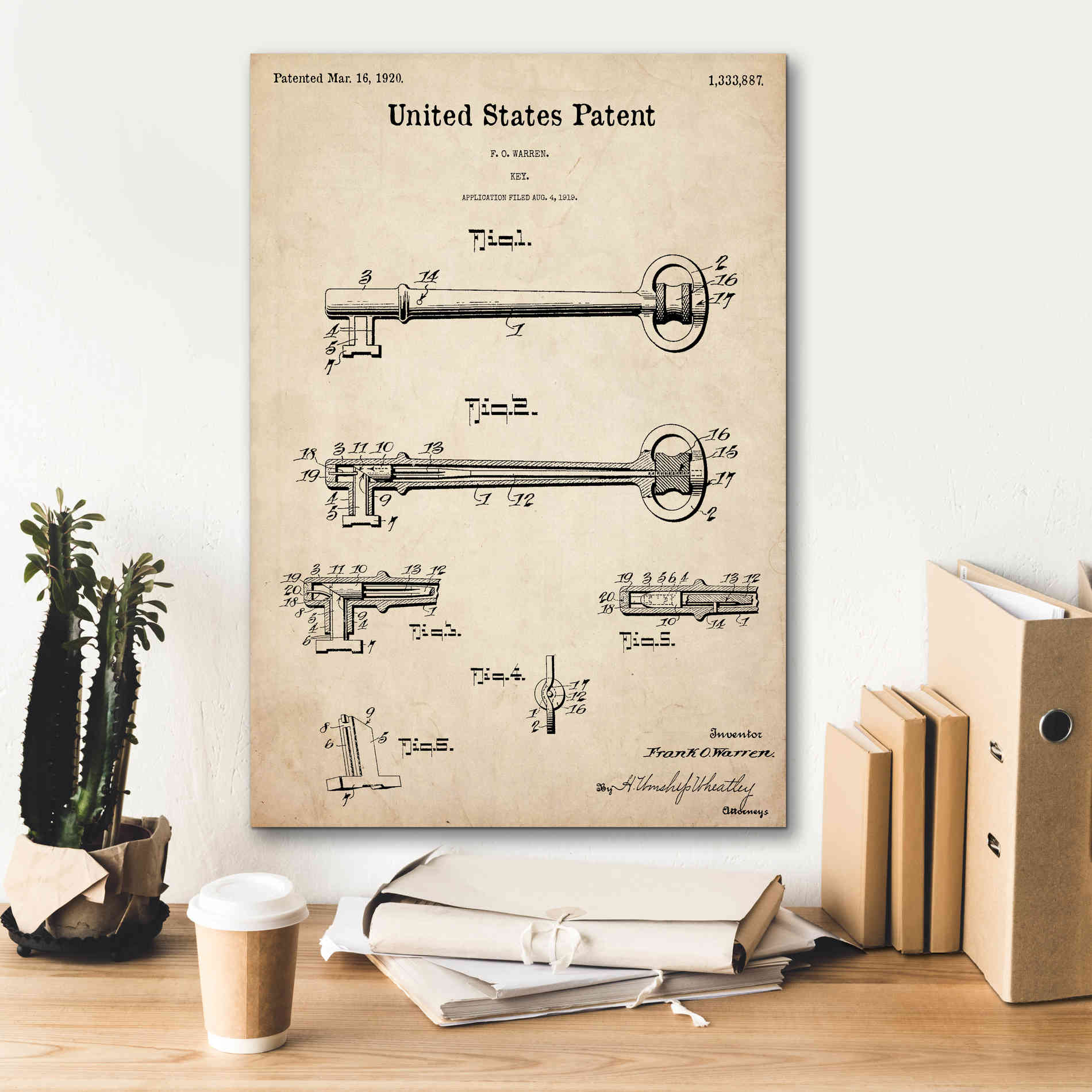 'Vintage Key Blueprint Patent Parchment,' Canvas Wall Art,18 x 26
