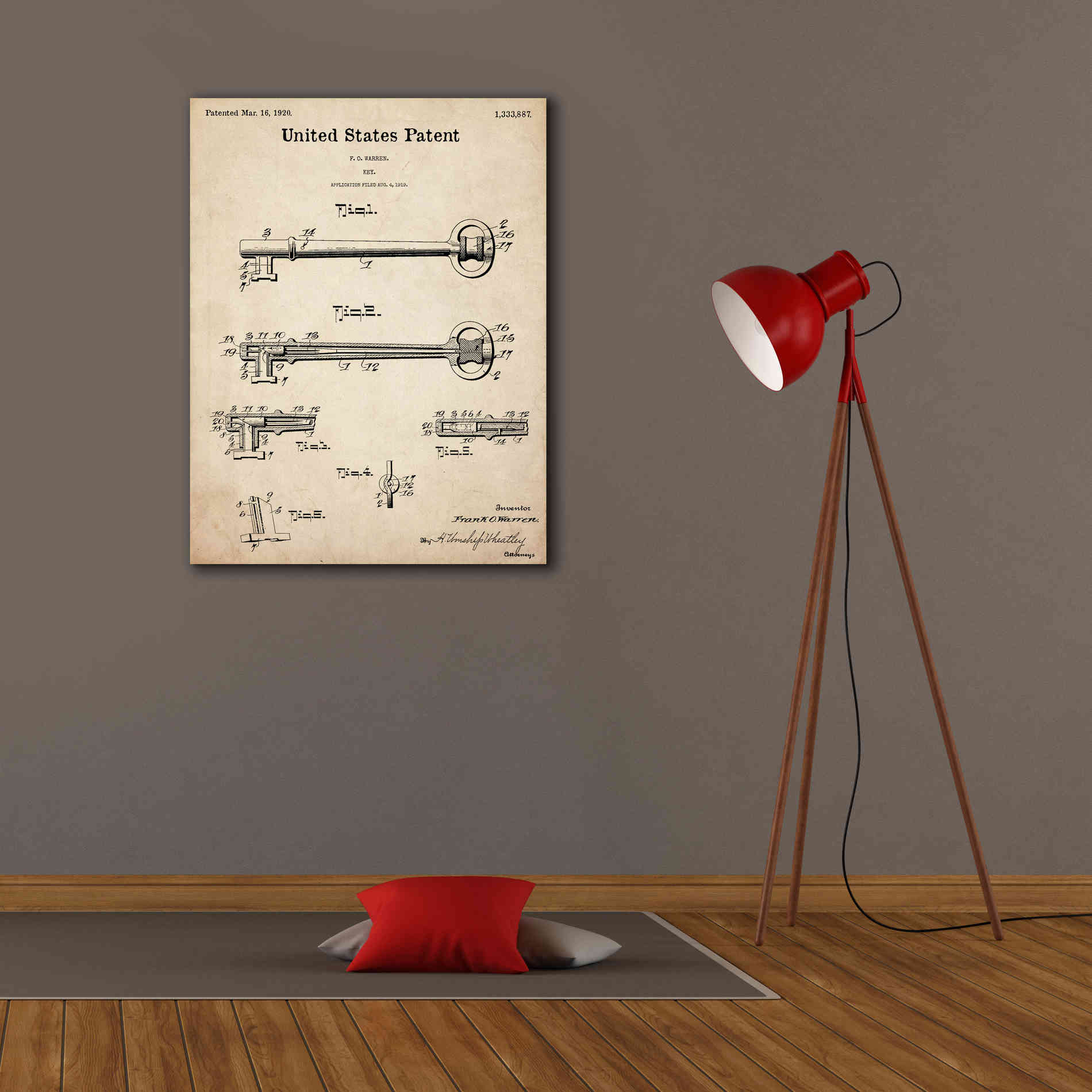 'Vintage Key Blueprint Patent Parchment,' Canvas Wall Art,26 x 34