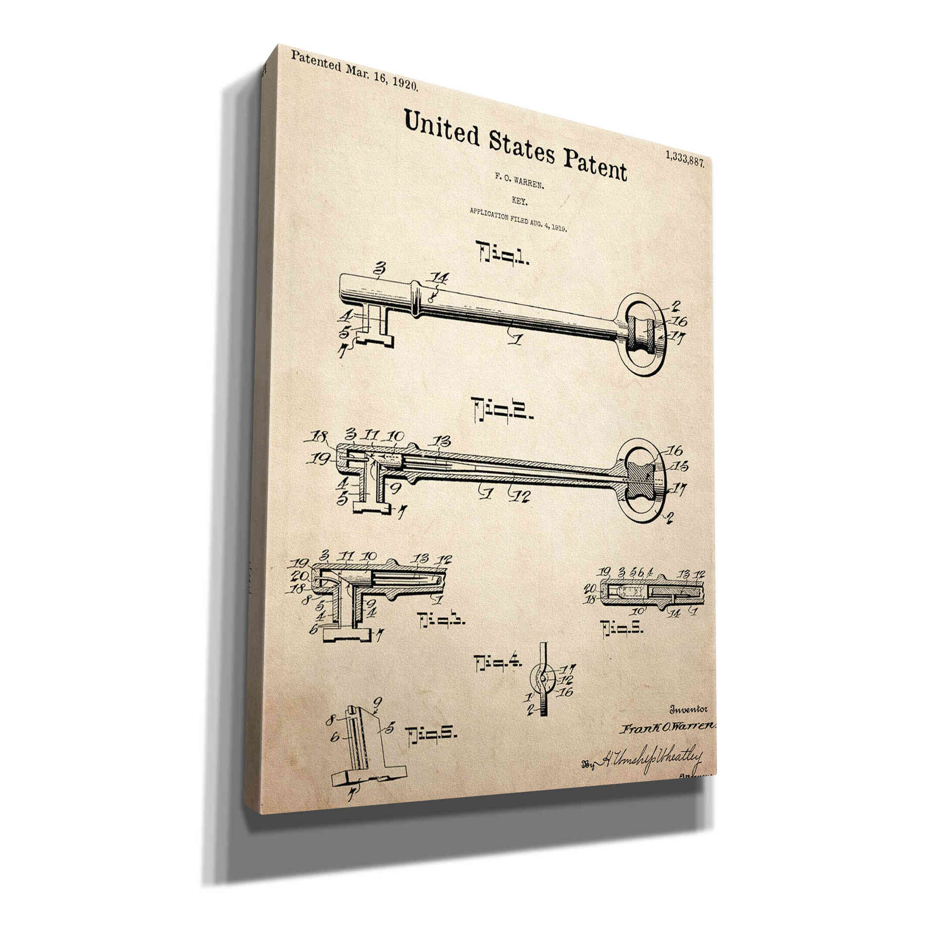 'Vintage Key Blueprint Patent Parchment,' Canvas Wall Art,12x16x1.1x0,18x26x1.1x0,26x34x1.74x0,40x54x1.74x0