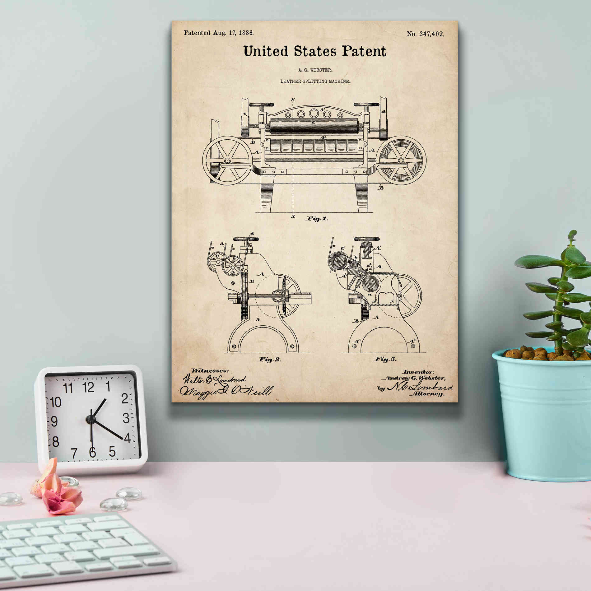 'Leather Splitting Machine Blueprint Patent Parchment,' Canvas Wall Art,12 x 16
