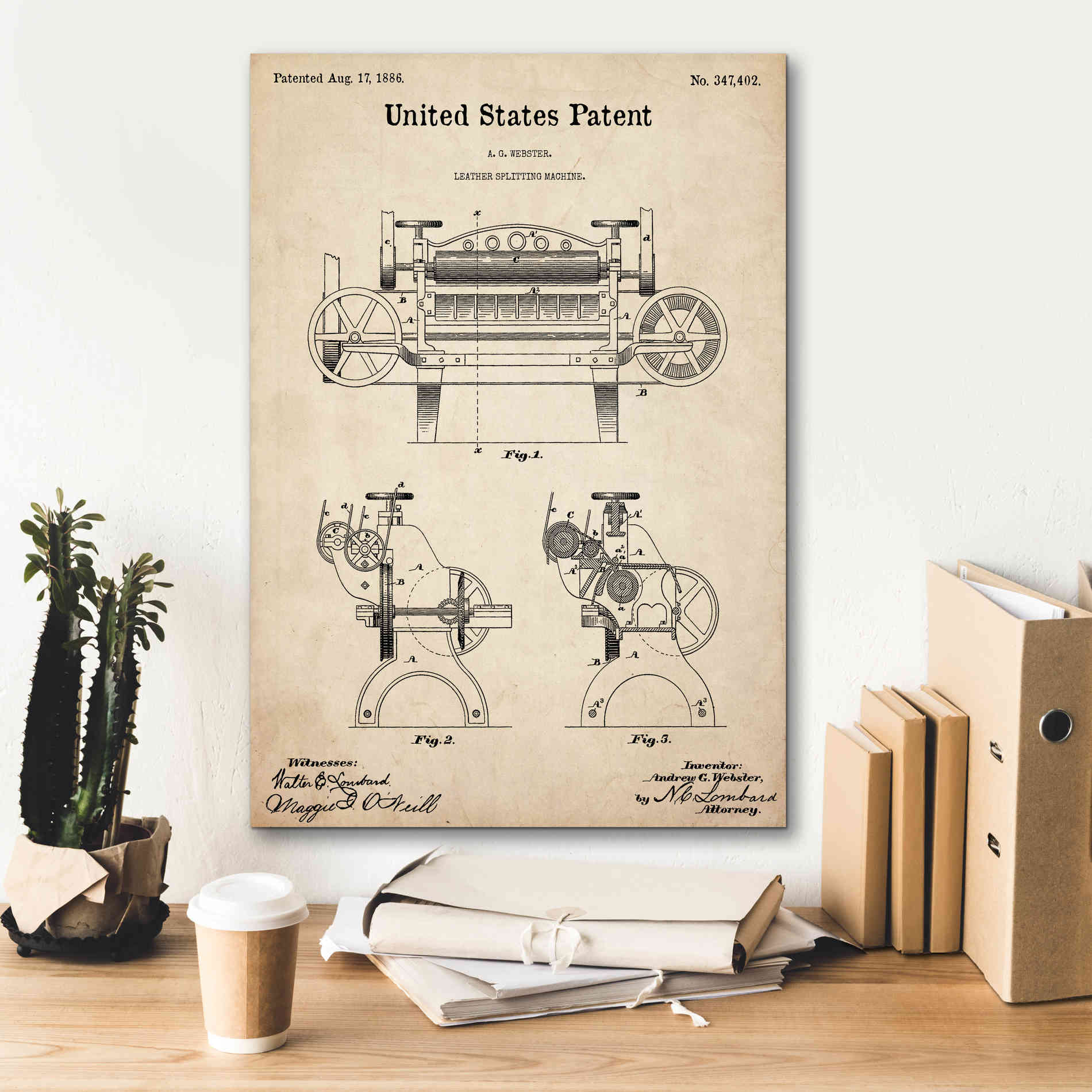 'Leather Splitting Machine Blueprint Patent Parchment,' Canvas Wall Art,18 x 26