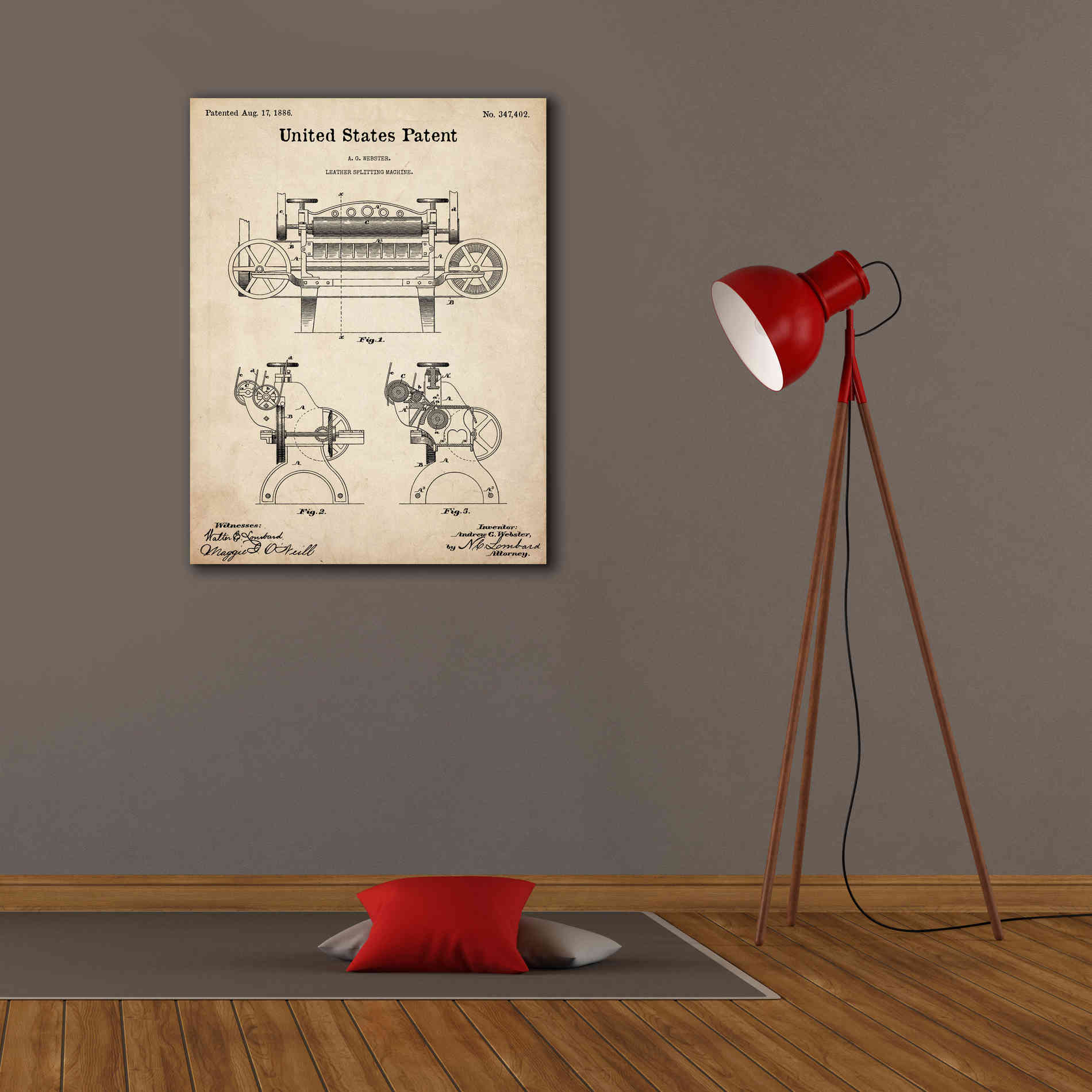 'Leather Splitting Machine Blueprint Patent Parchment,' Canvas Wall Art,26 x 34