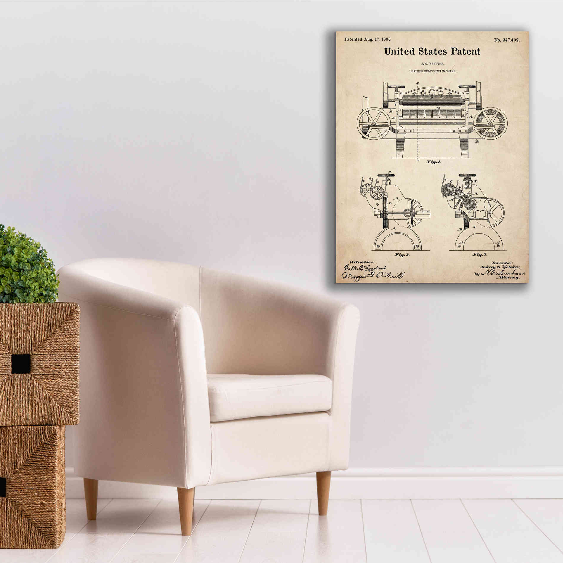 'Leather Splitting Machine Blueprint Patent Parchment,' Canvas Wall Art,26 x 34