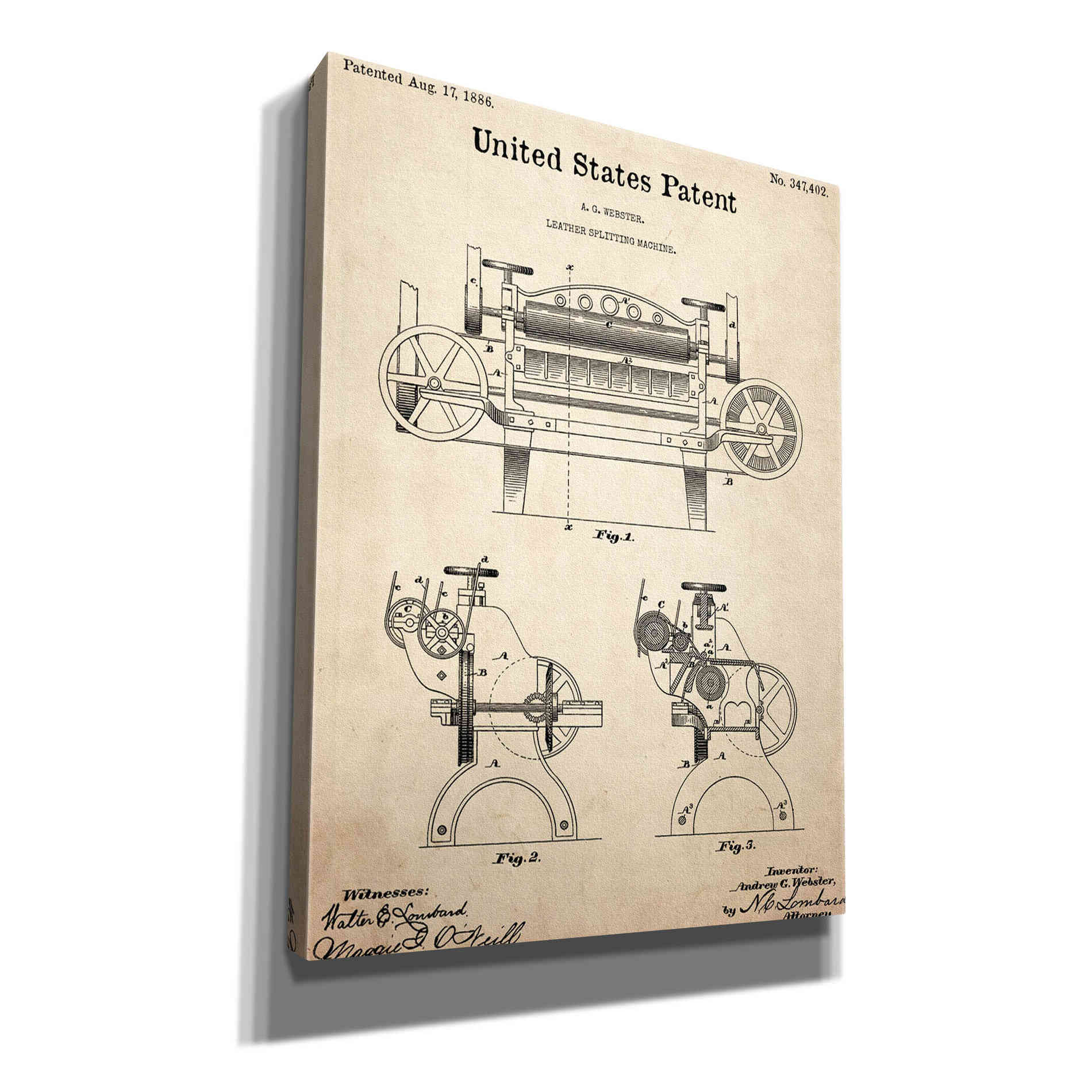 'Leather Splitting Machine Blueprint Patent Parchment,' Canvas Wall Art,12x16x1.1x0,18x26x1.1x0,26x34x1.74x0,40x54x1.74x0