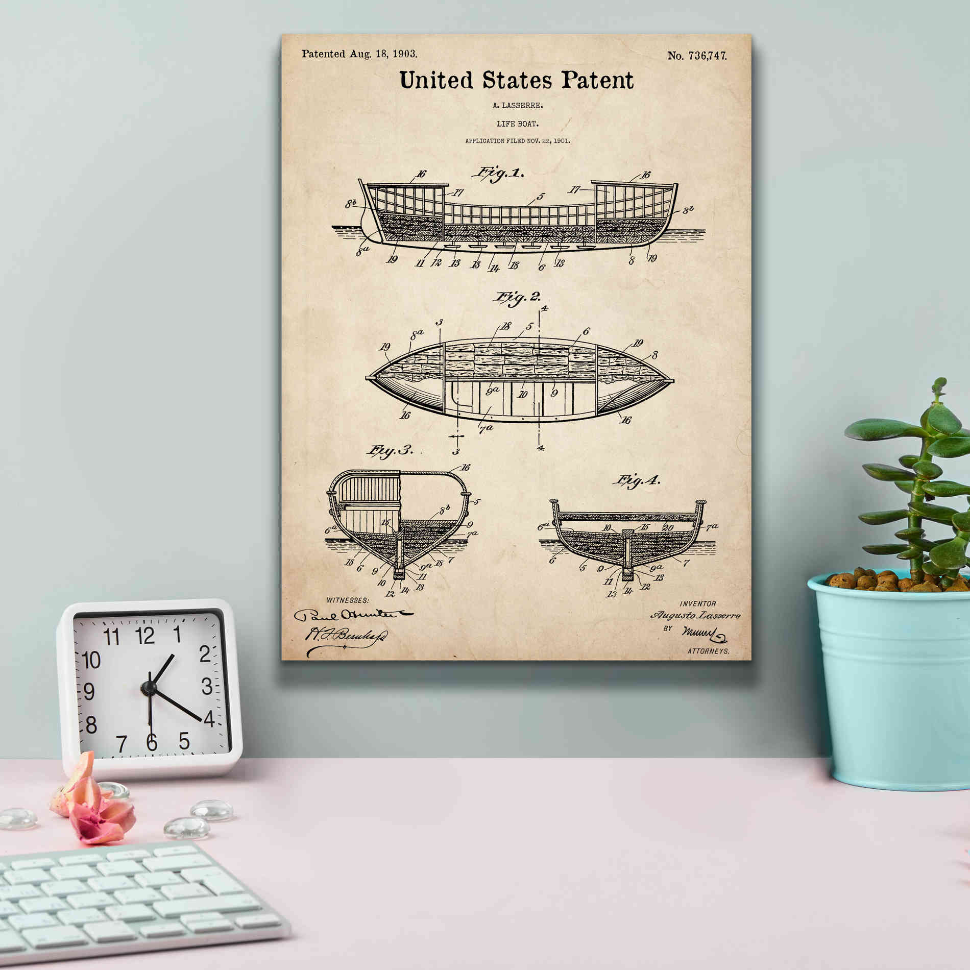 'Lifeboat Blueprint Patent Parchment,' Canvas Wall Art,12 x 16