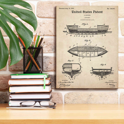 Image of 'Lifeboat Blueprint Patent Parchment,' Canvas Wall Art,12 x 16