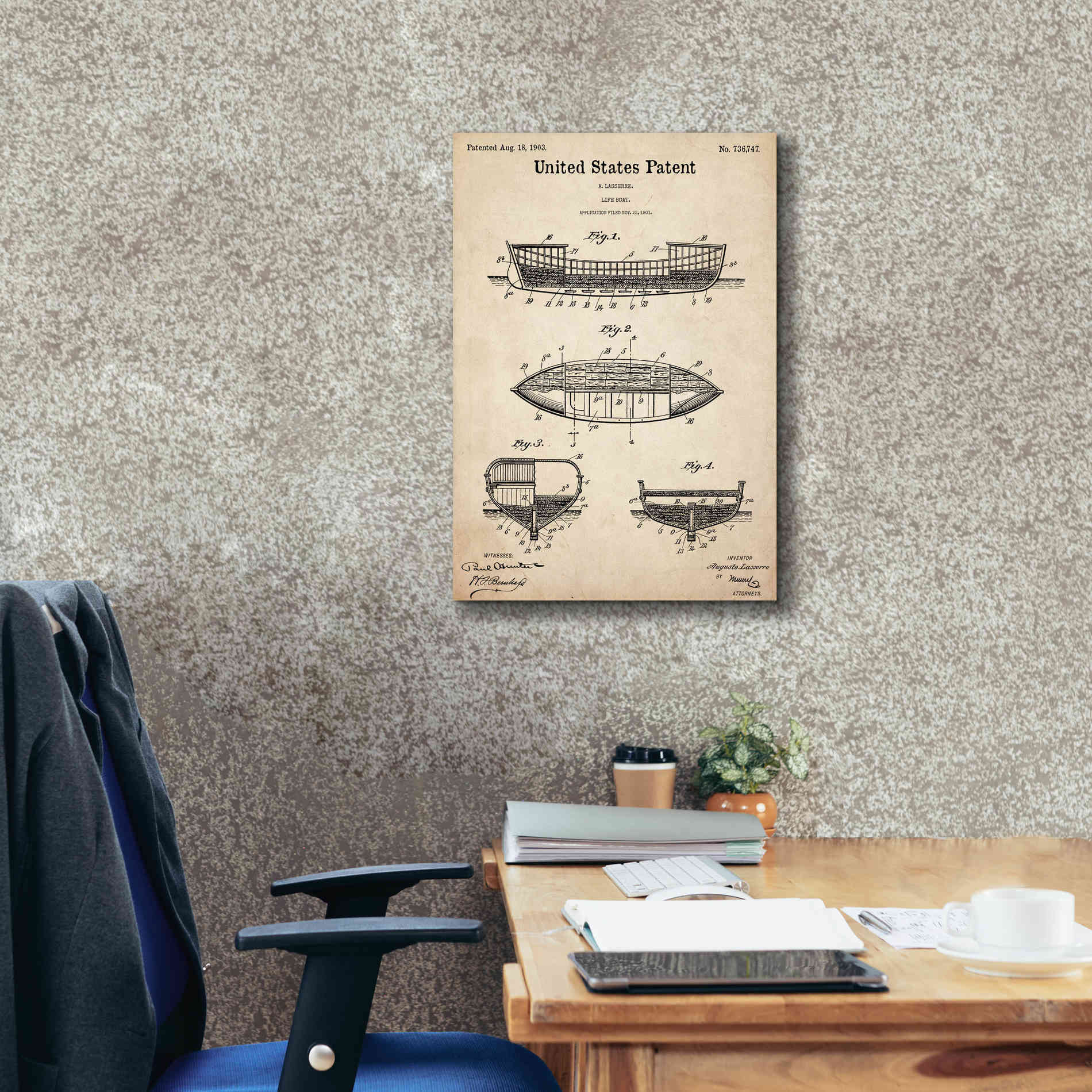 'Lifeboat Blueprint Patent Parchment,' Canvas Wall Art,18 x 26