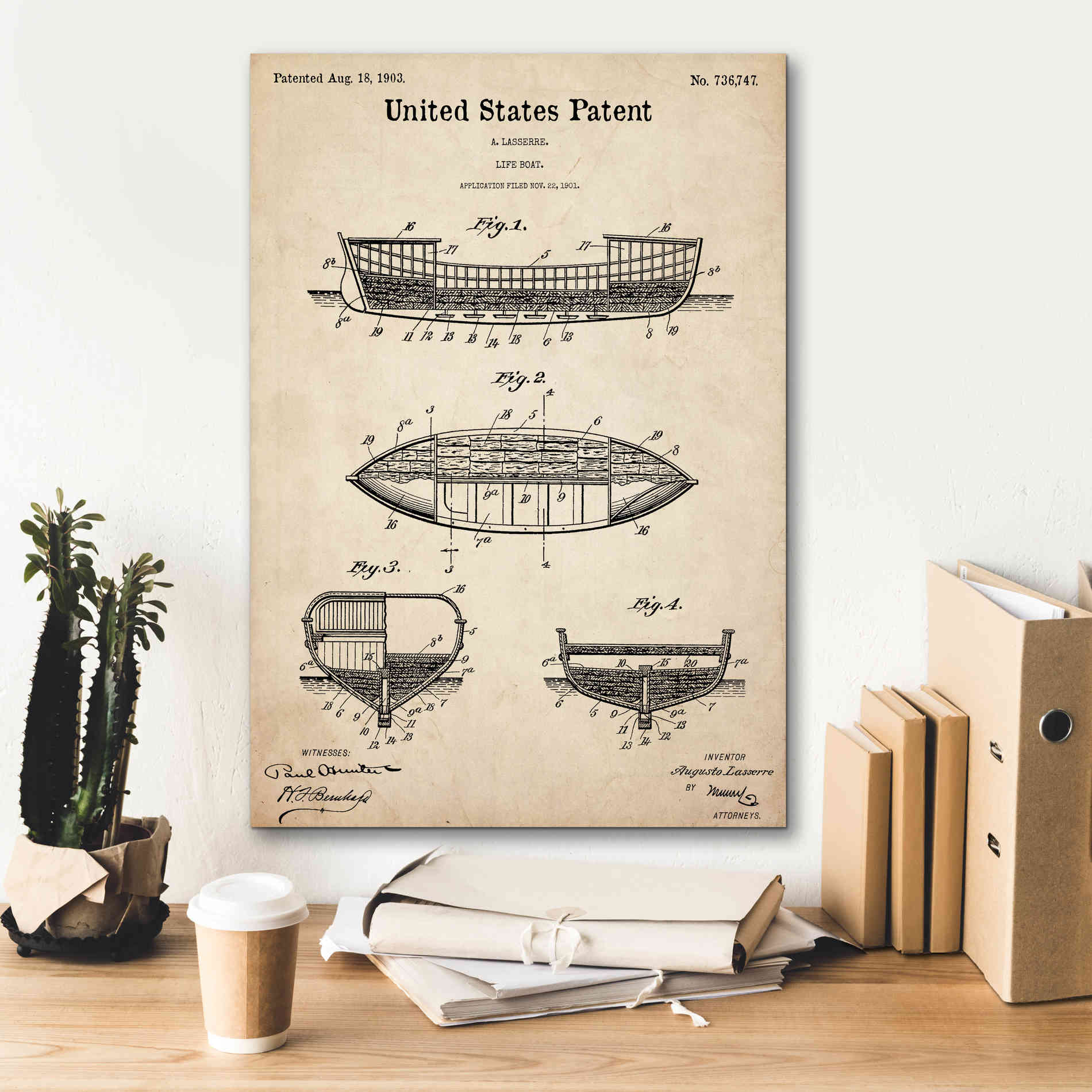 'Lifeboat Blueprint Patent Parchment,' Canvas Wall Art,18 x 26