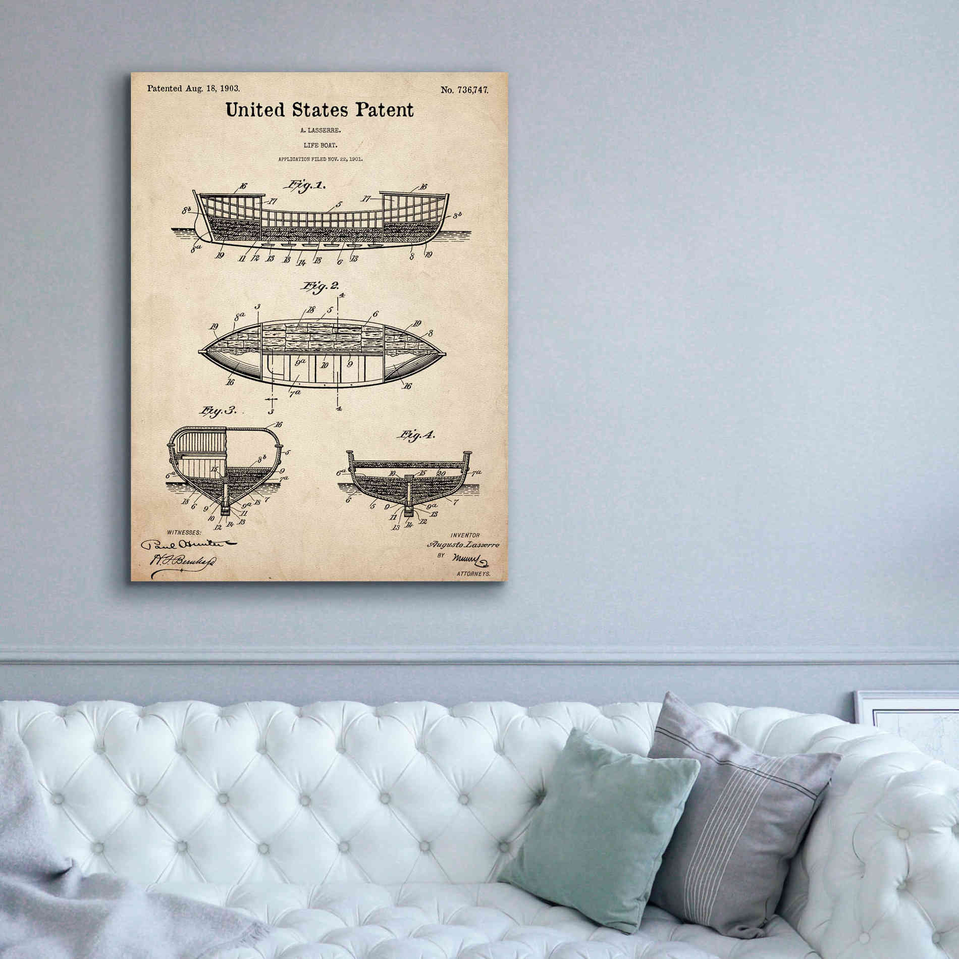 'Lifeboat Blueprint Patent Parchment,' Canvas Wall Art,40 x 54