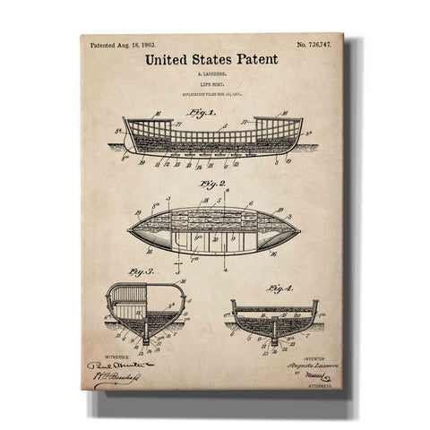 Image of 'Lifeboat Blueprint Patent Parchment,' Canvas Wall Art,12x16x1.1x0,18x26x1.1x0,26x34x1.74x0,40x54x1.74x0