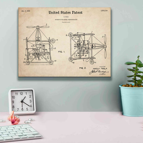 Image of 'Tesla Aerial Apparatus Blueprint Patent Parchment,' Canvas Wall Art,16 x 12